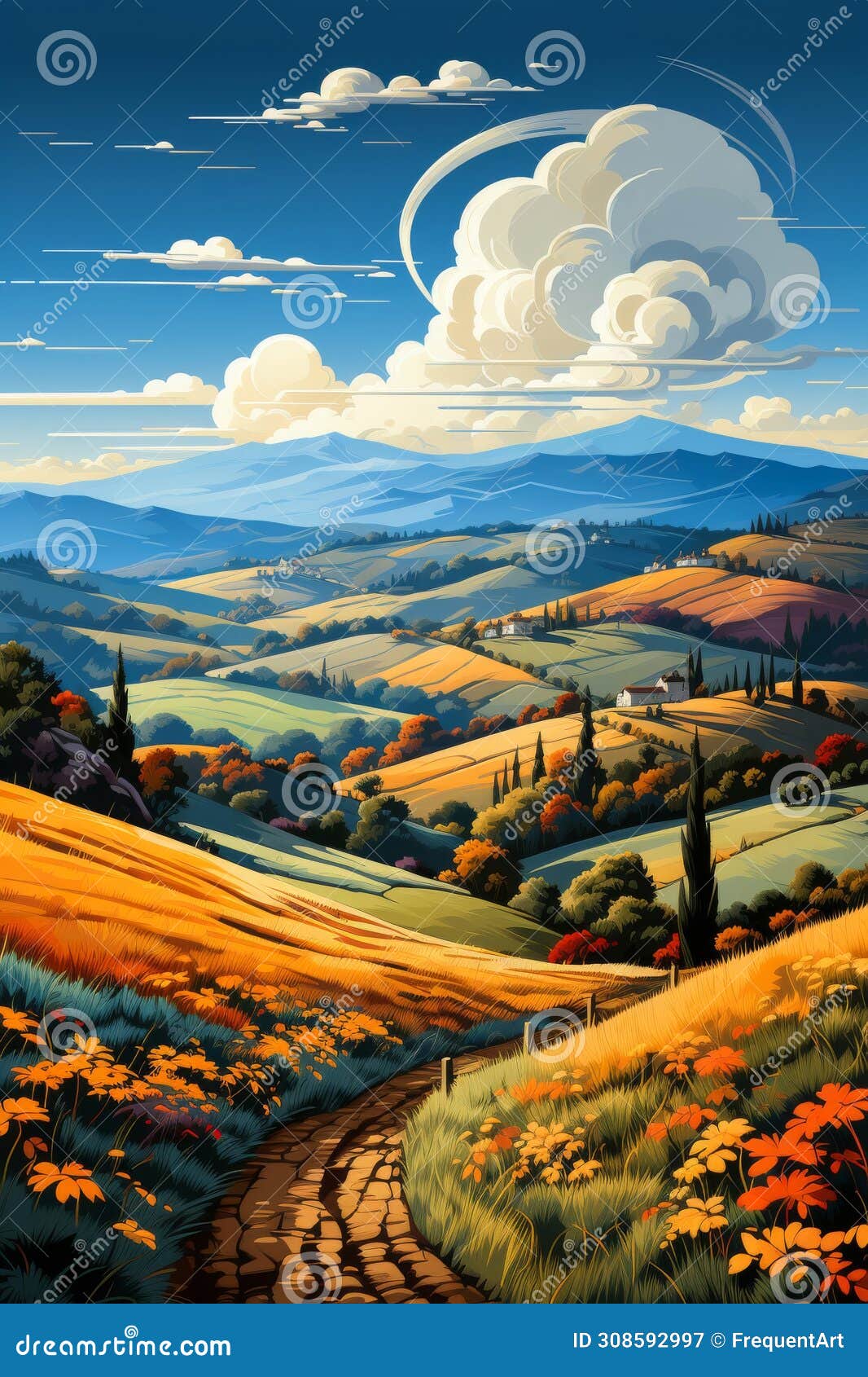 Rural Landscape with Hills and Trees. Generative AI Stock Illustration ...
