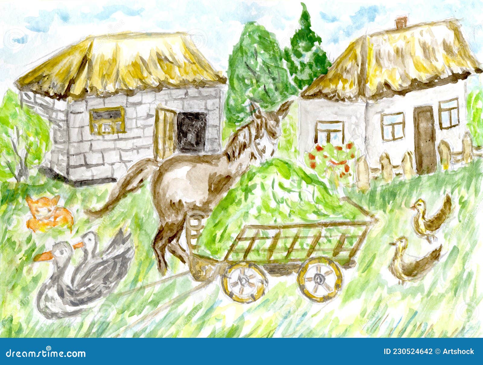 Drawing of a Girl and Village Houses. Rural Life Stock Illustration -  Illustration of childhood, figure: 115446300