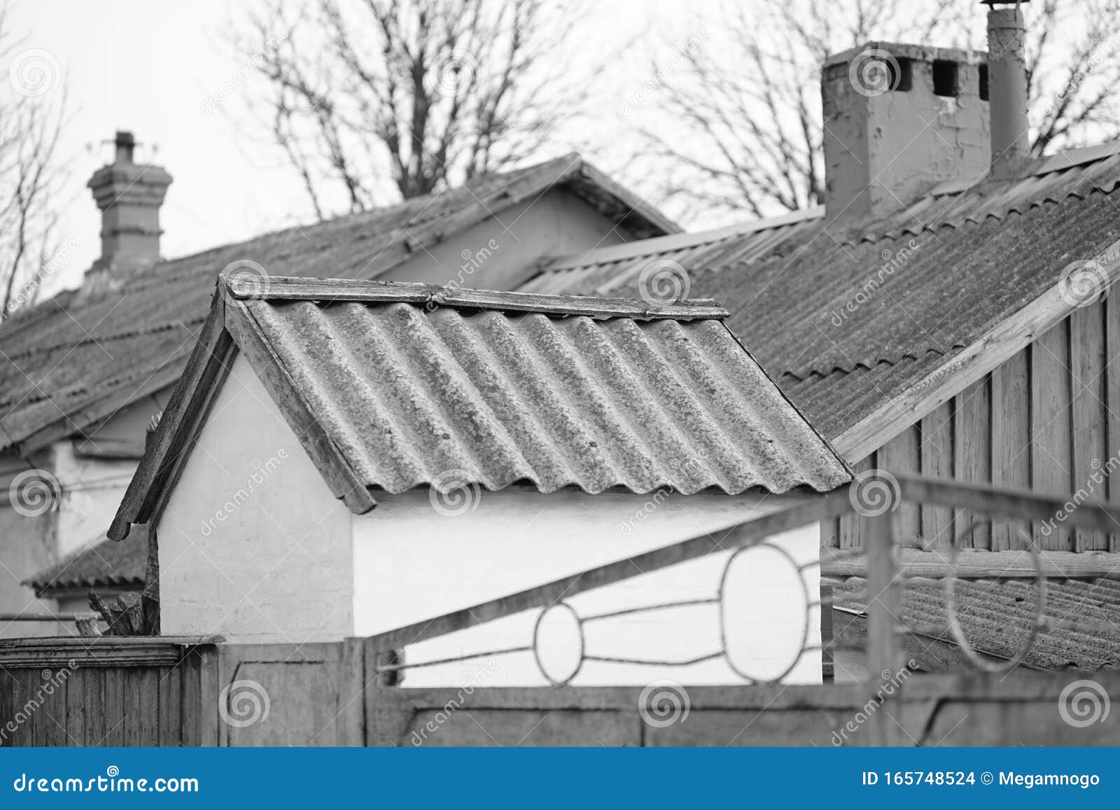 Rural Old Roofs Covered with Corrugated Asbestos Cement Sheet, Bw Photo  Stock Photo - Image of cloud, background: 165748524