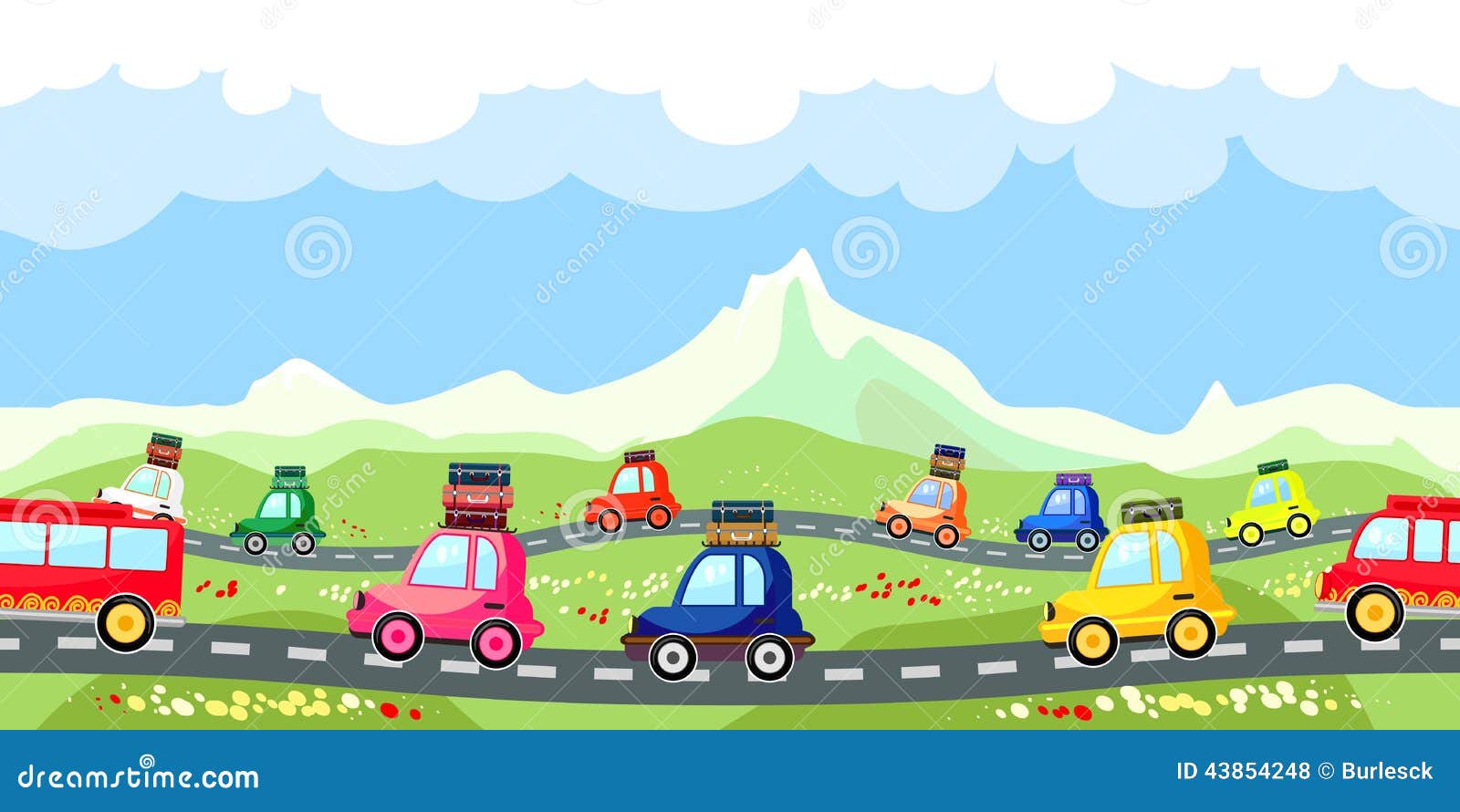 rural road line tourist traffic meandering mountains colorful cartoon cars luggage their roofs 43854248