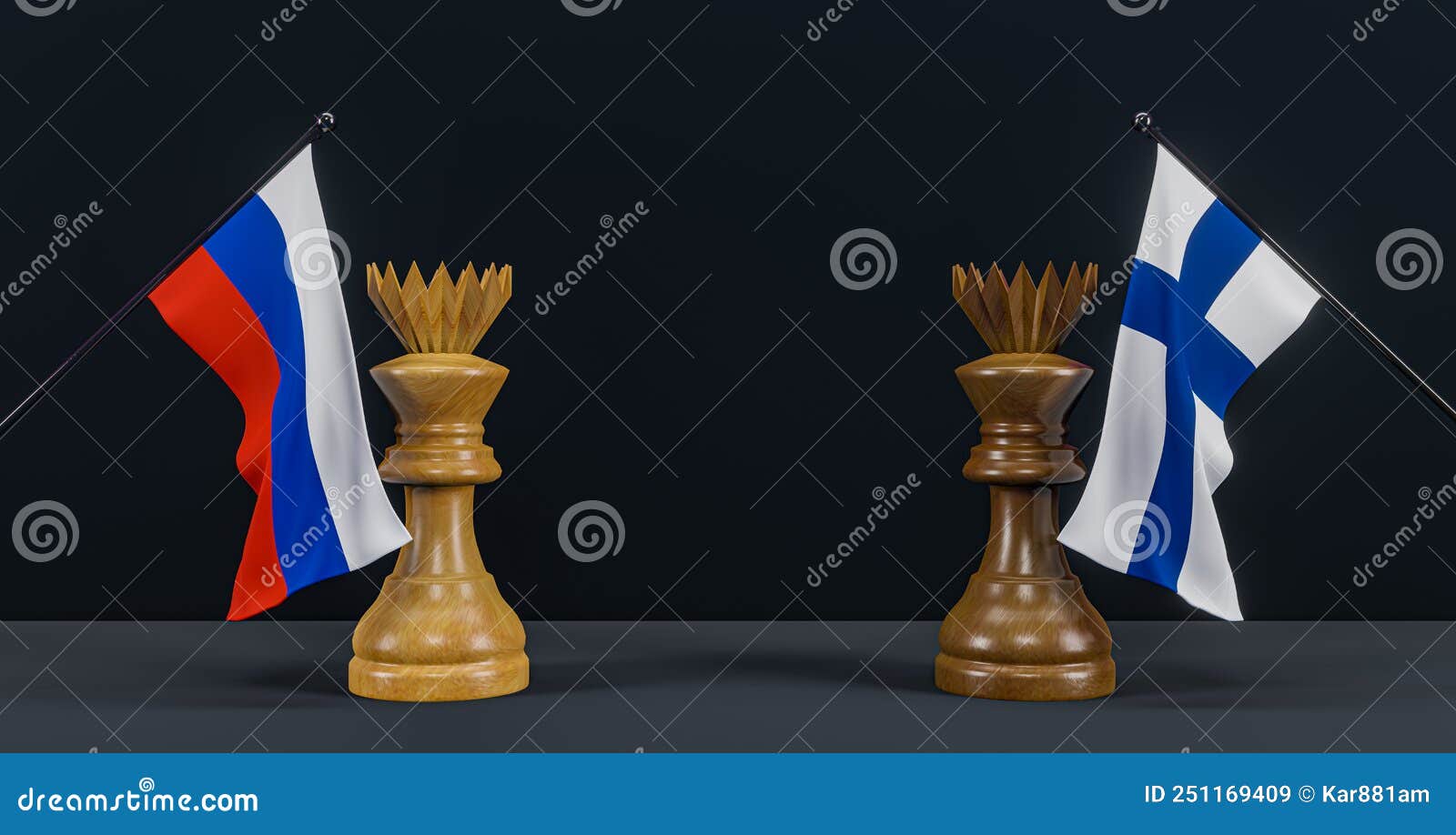 russia flag and finlandia flag and chess king on chessboard, russia vs finlandia countries political conflict and war concept, 3d