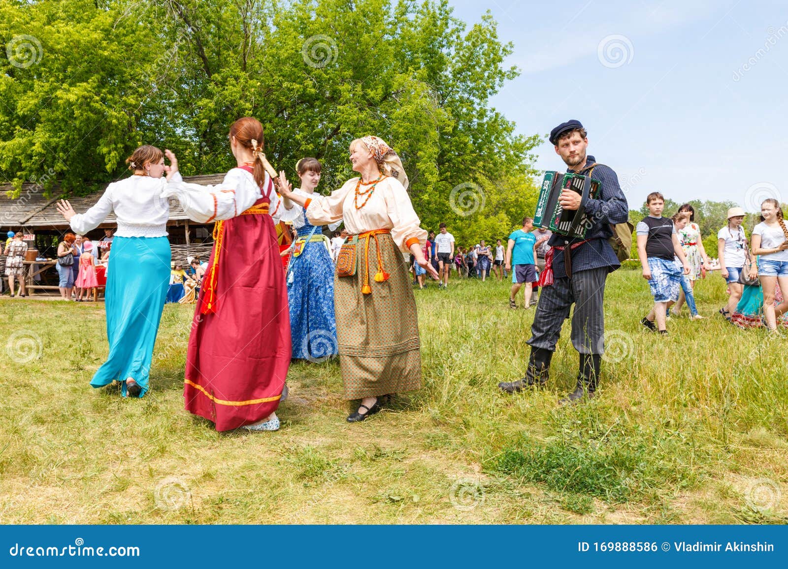 Russian Peasant Women Lead Dance To The Accordion Music