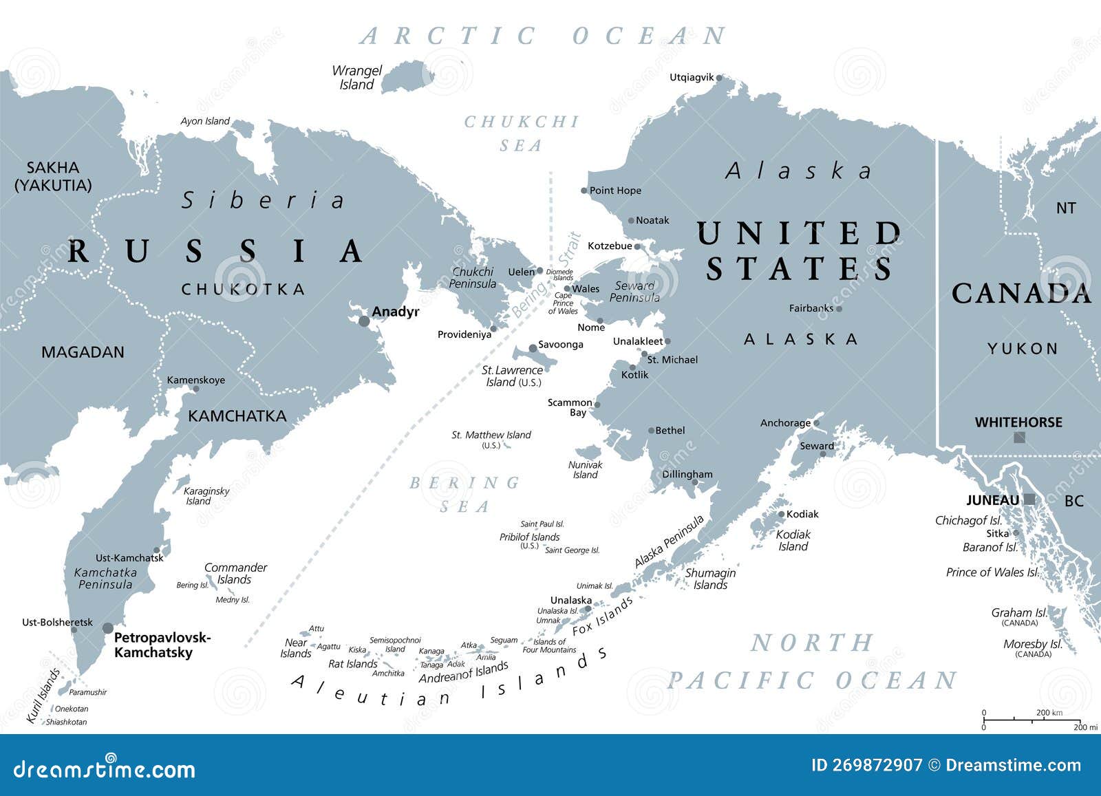 Russia and United States, Maritime Boundary, Gray Political Map Stock