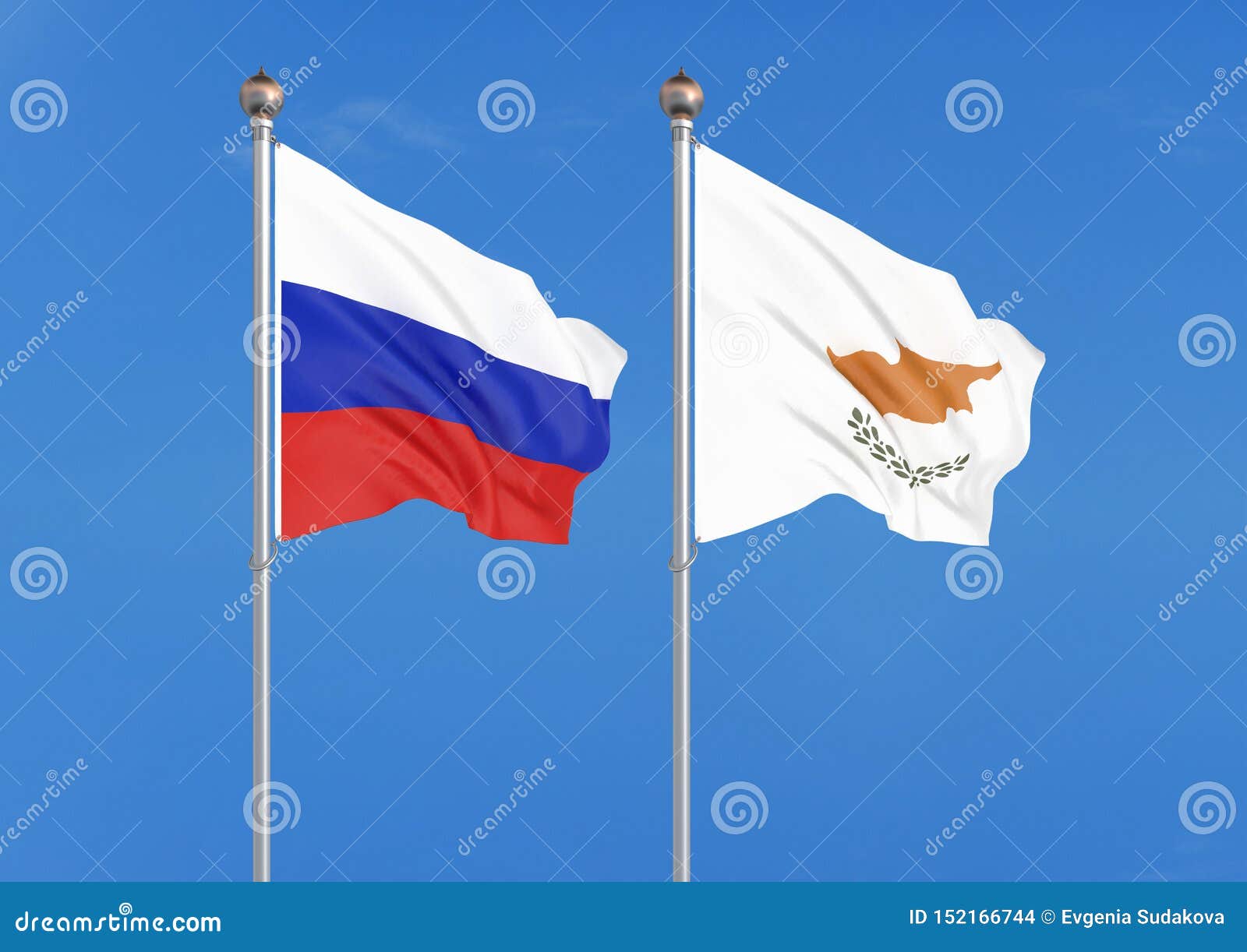 Russia Vs Cyprus. Thick Colored Silky Flags of Russia and Cyprus. 3D