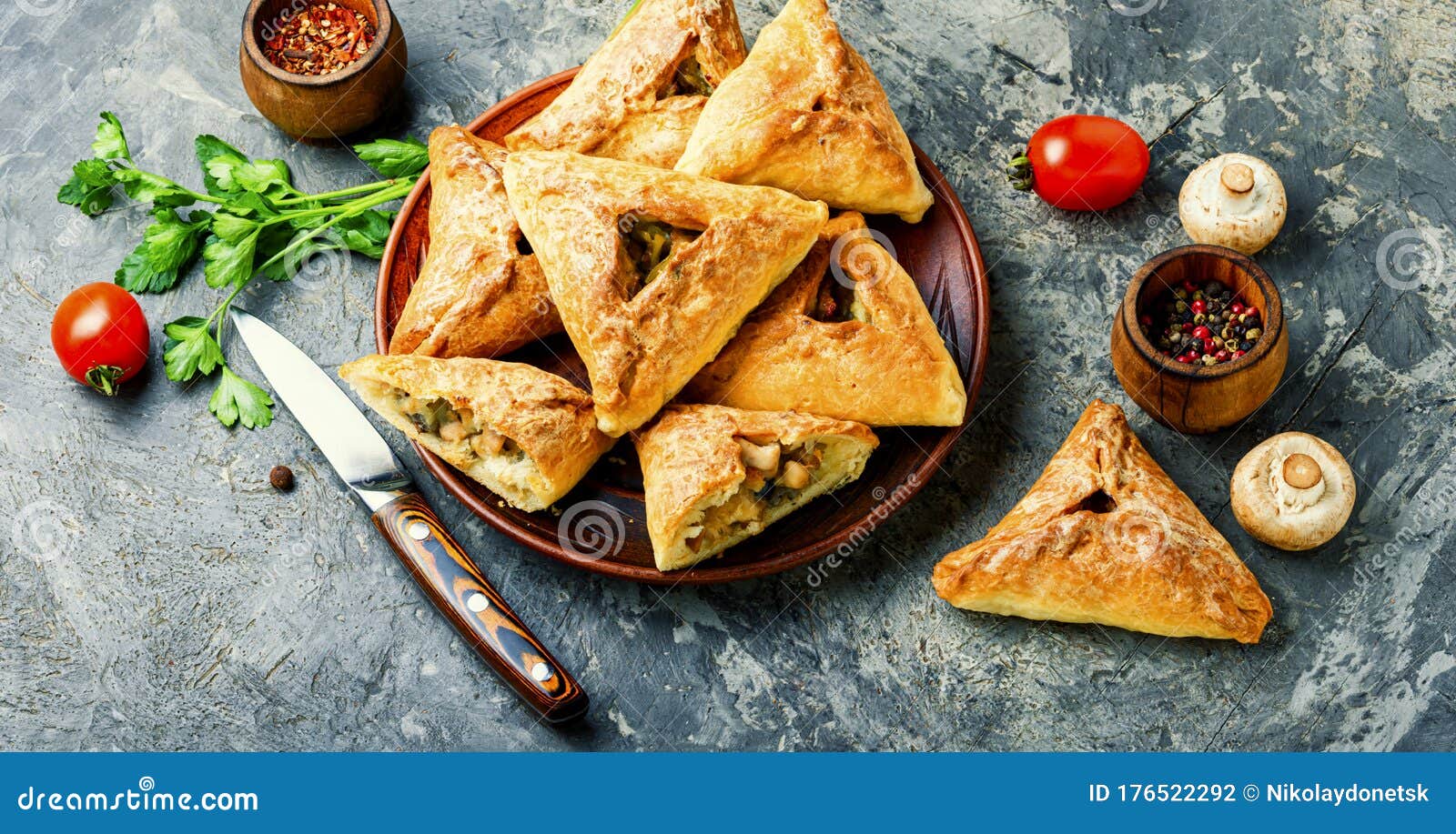 Traditional Russian pancakes pie - kurnik. Stock Photo