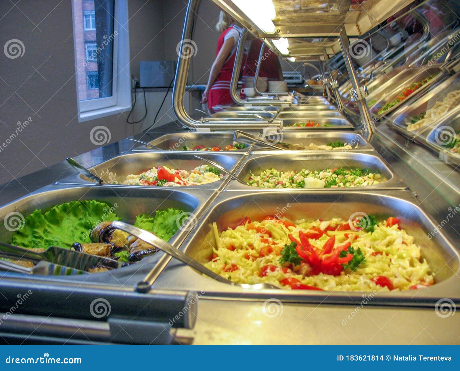 Rays of Trays with Fresh Ready Food in a Russian Cuisine Canteen Stock
