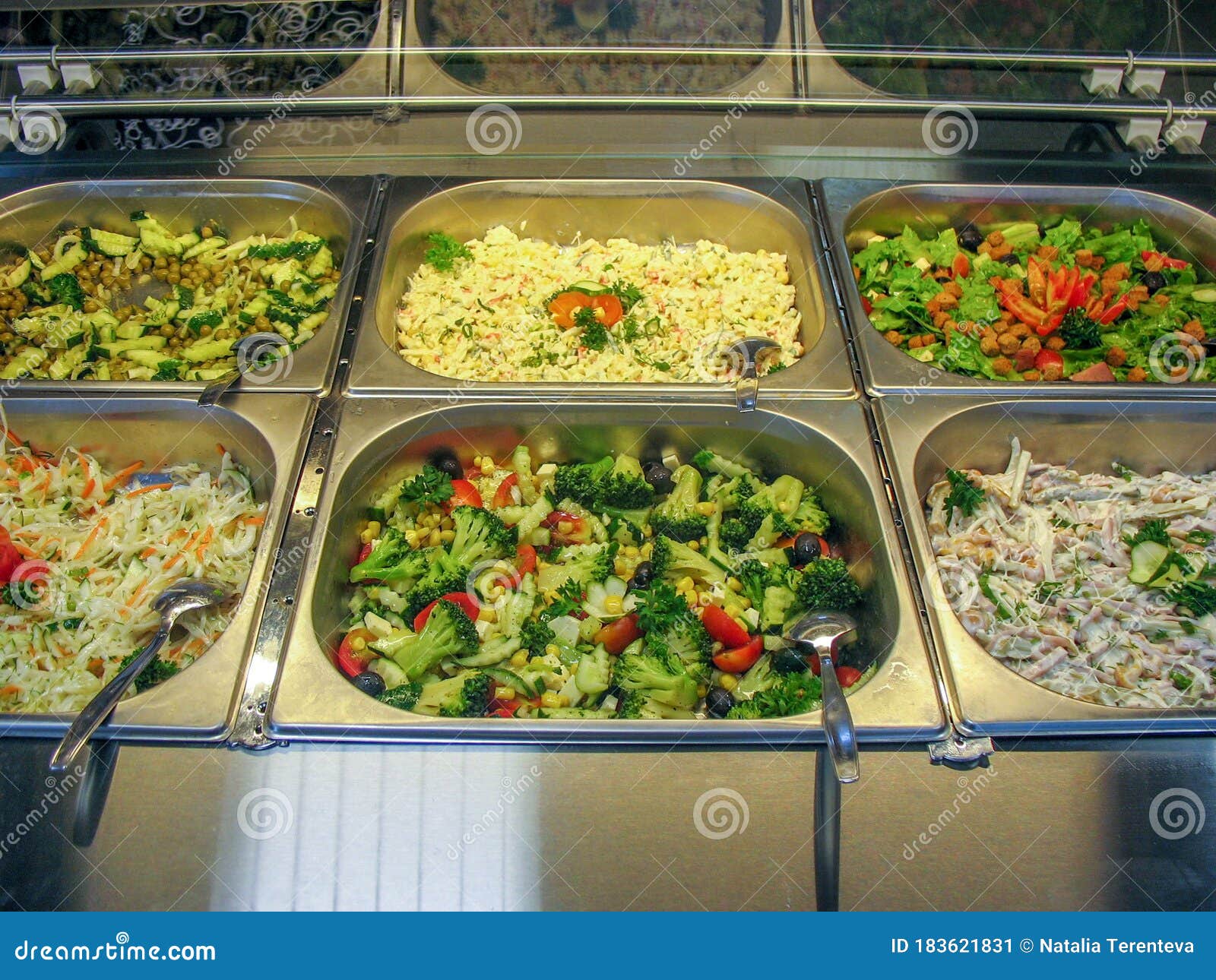 Rows of Trays with Fresh Ready Food in a Russian Cuisine Canteen Stock