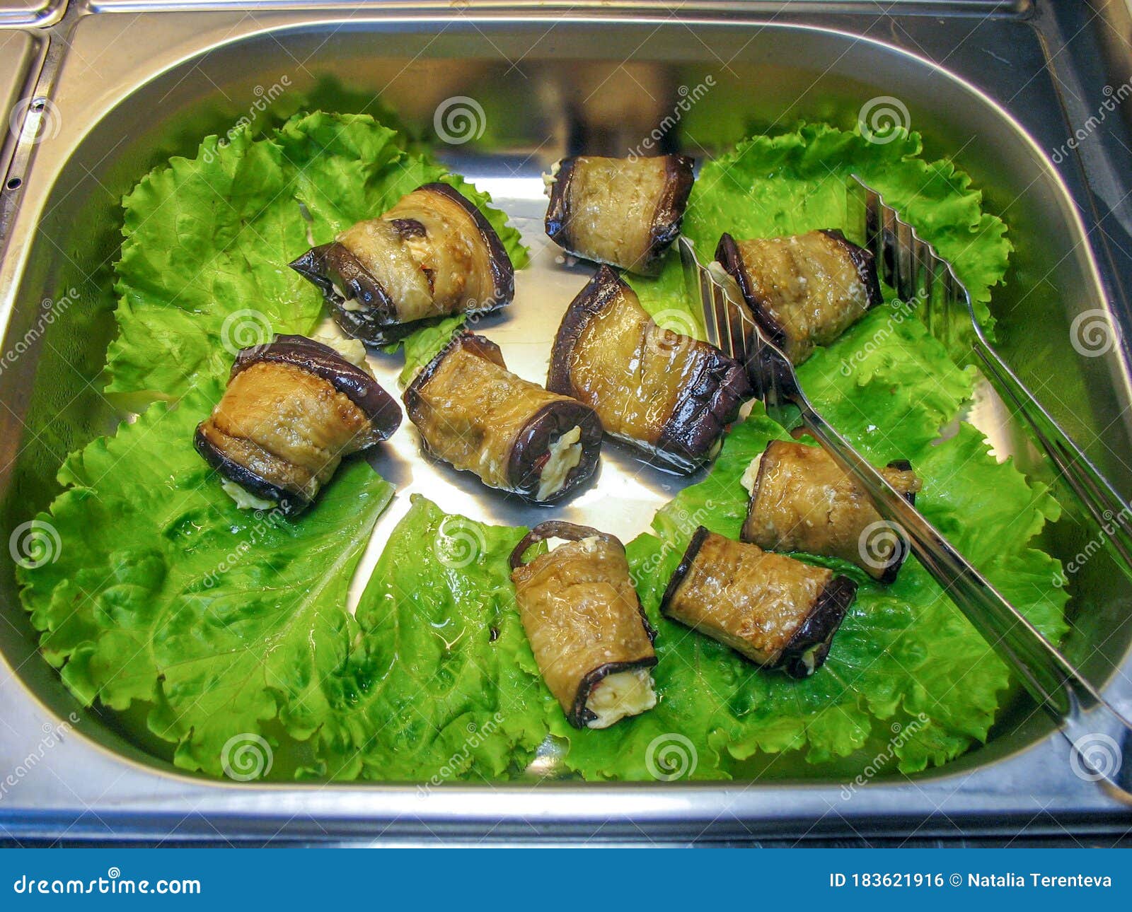 Fried Stuffed Aubergine Rolls at a Russian Cuisine Canteen Stock Photo
