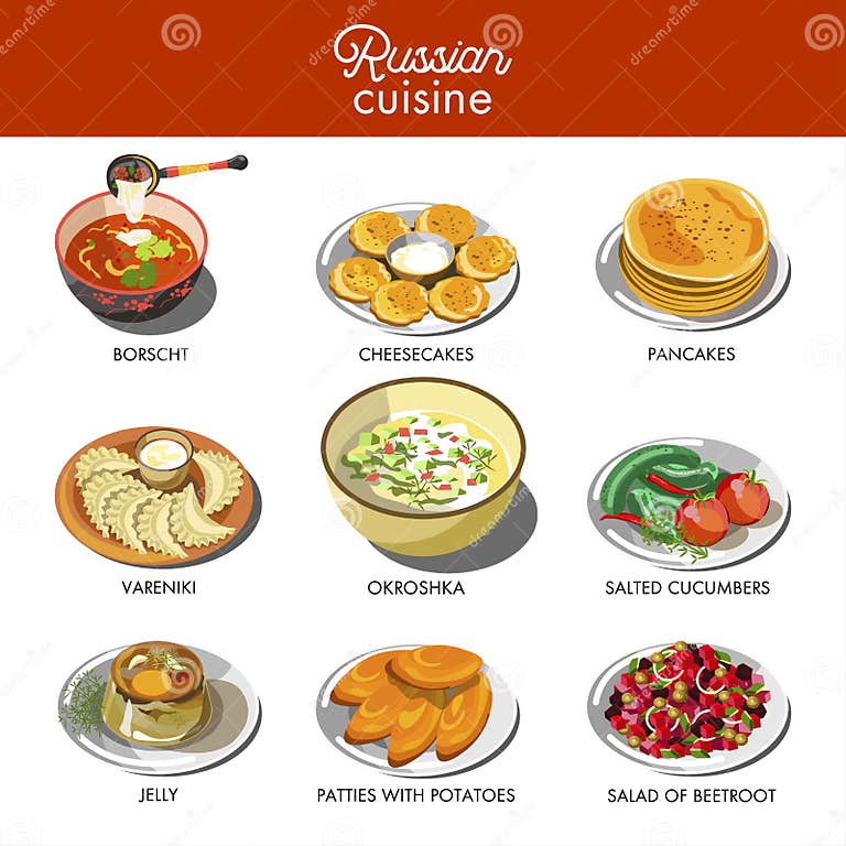 Russian Cuisine Traditional Food Dishes Stock Vector - Illustration of ...