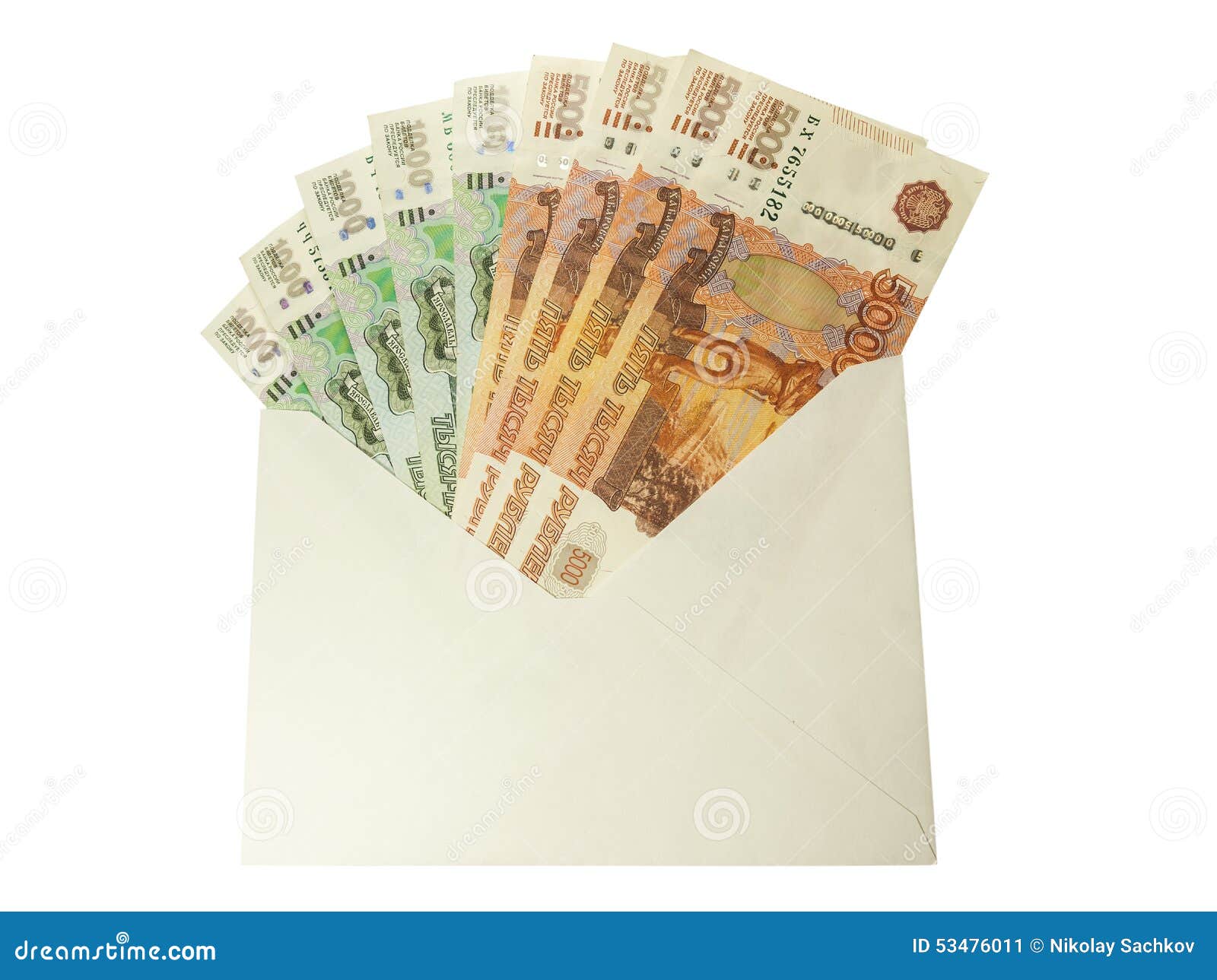 Russian Denominations of 1000 and 5000 Rubles in the Envelope. Stock