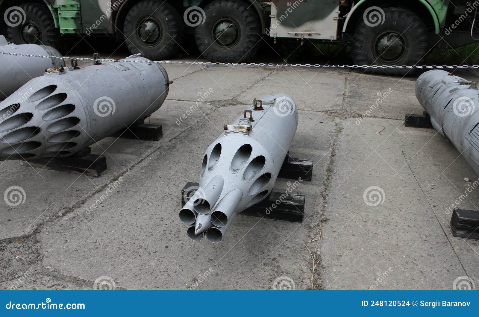 russian disarmed unguided rockets system on a ground at military base