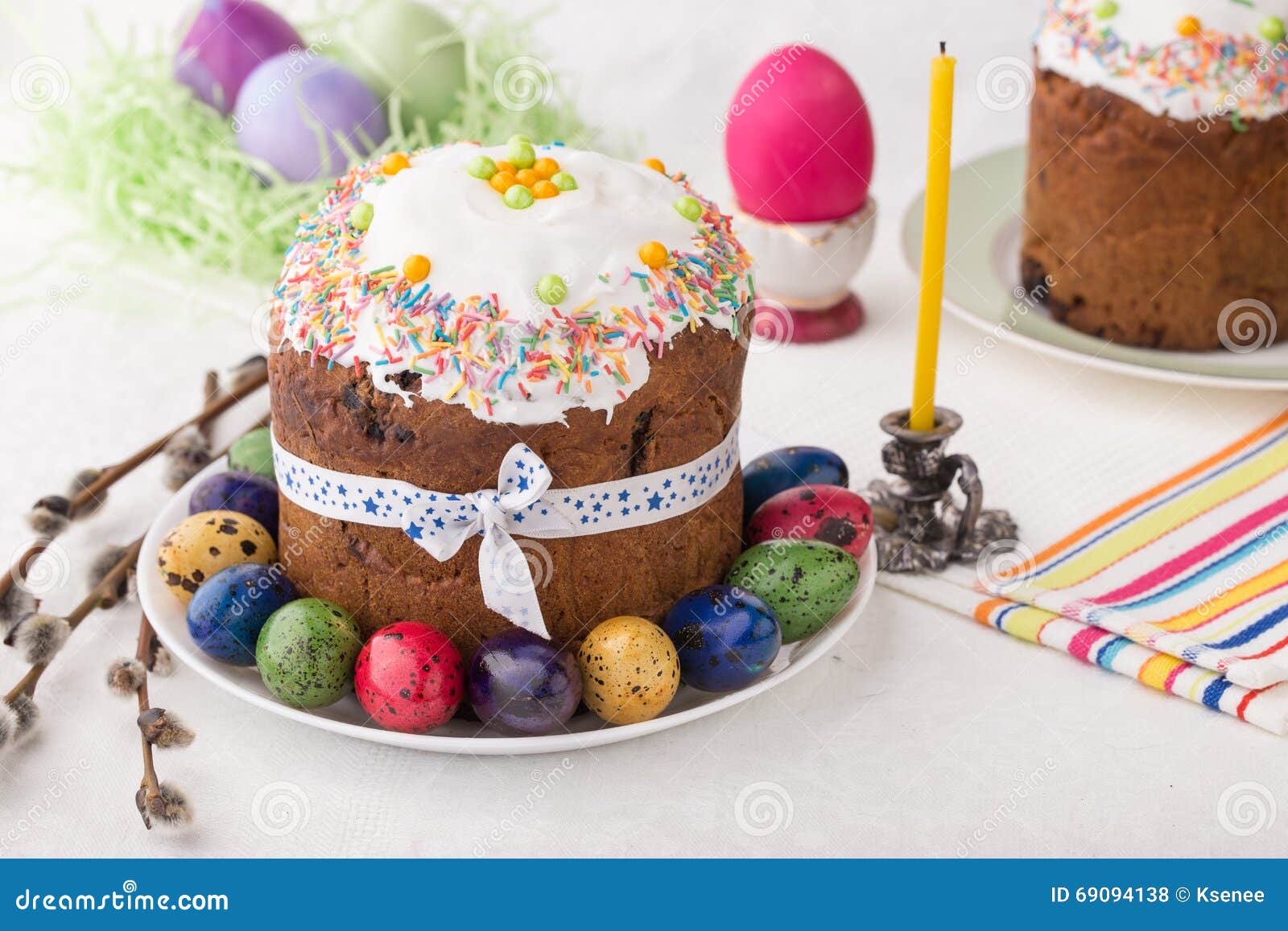 Russian Easter Cakes Kulich with Dyed Quail Eggs Stock Photo Image of