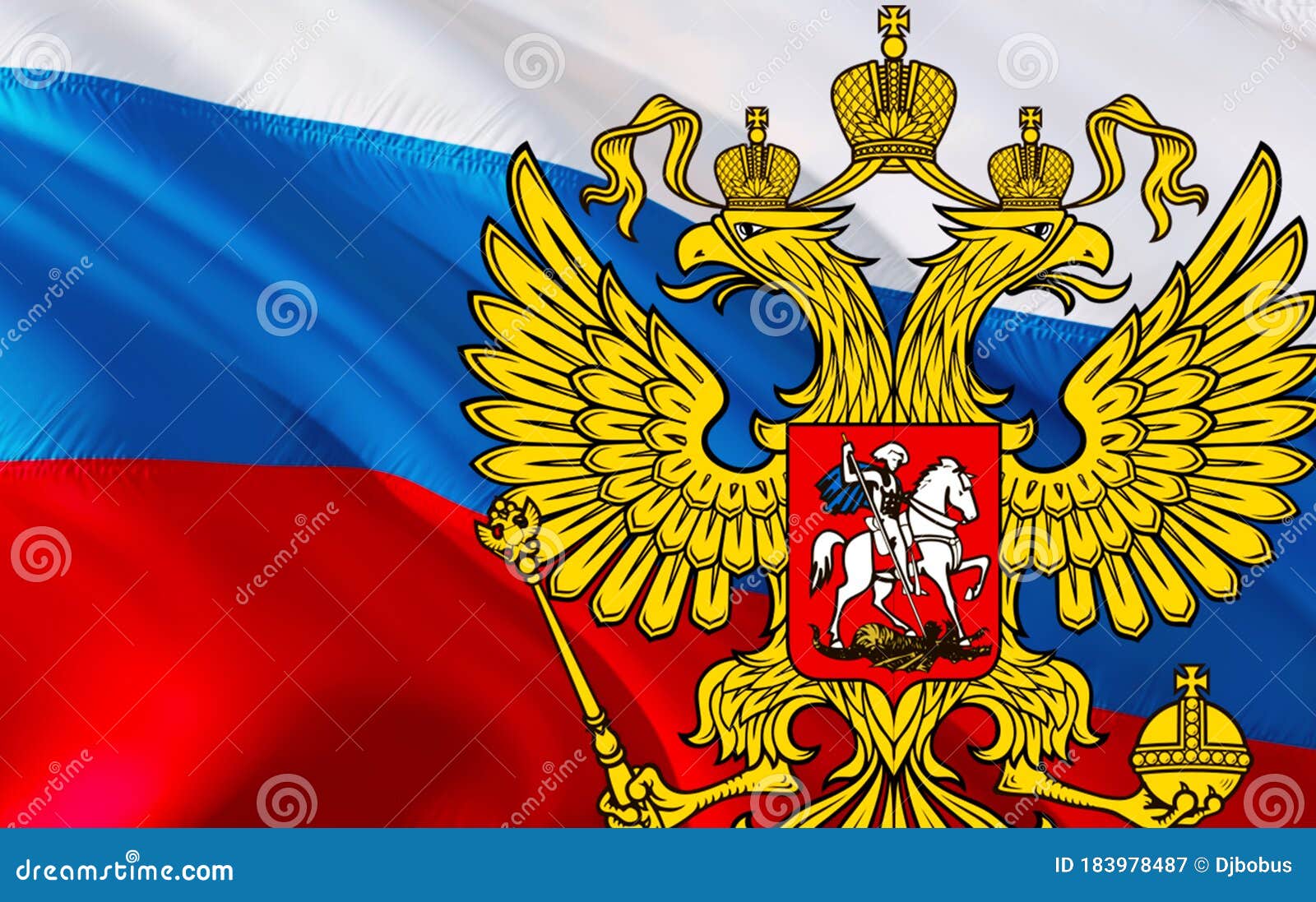 Russian flag with Coat of arms of Russia. Kremlin presidential