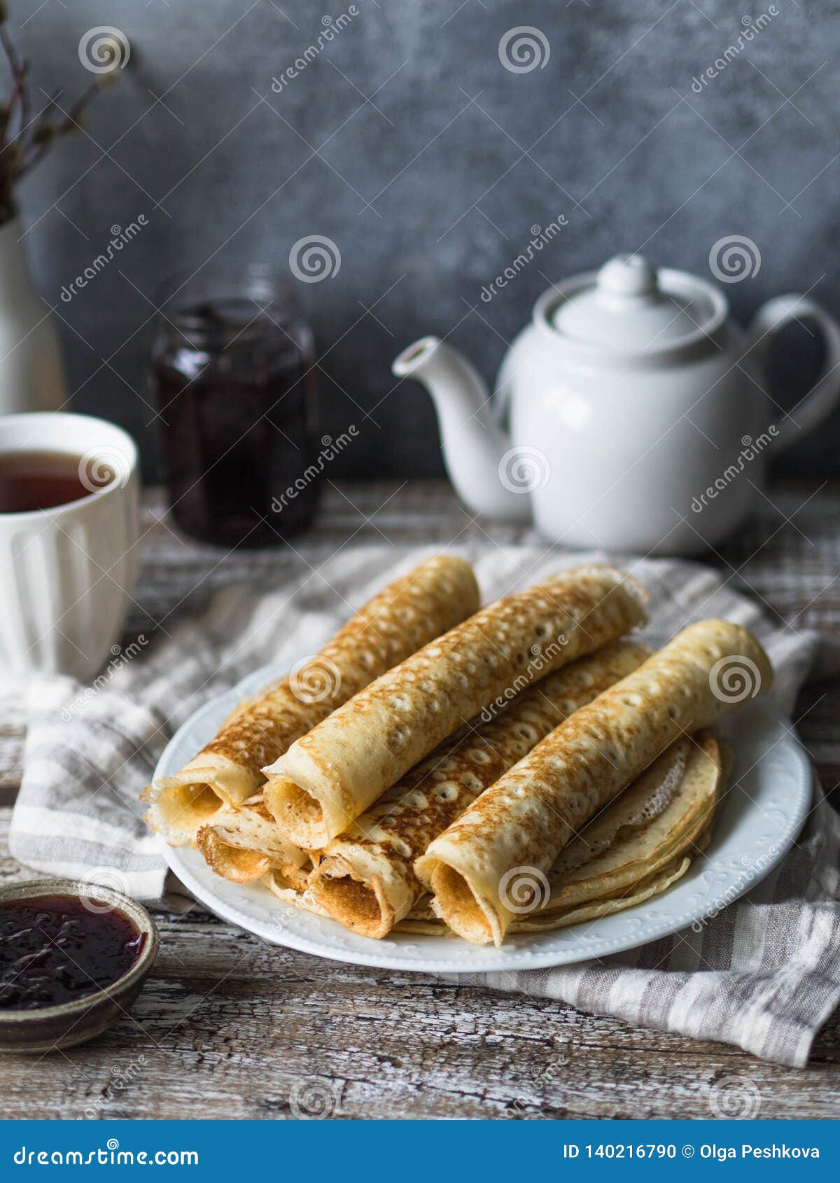 Russian Homemade Yeast Pancakes Rolled Into A Tube On