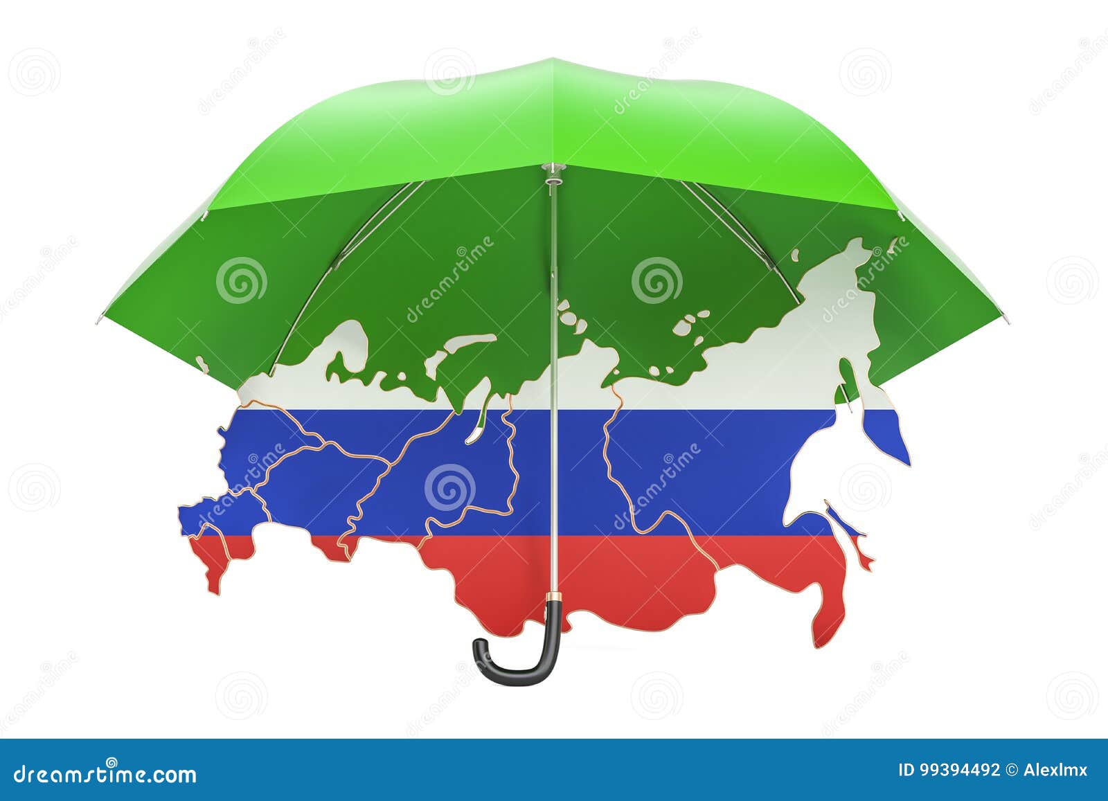 Russian Map Under Umbrella. Security and Protect or Insurance Co Stock