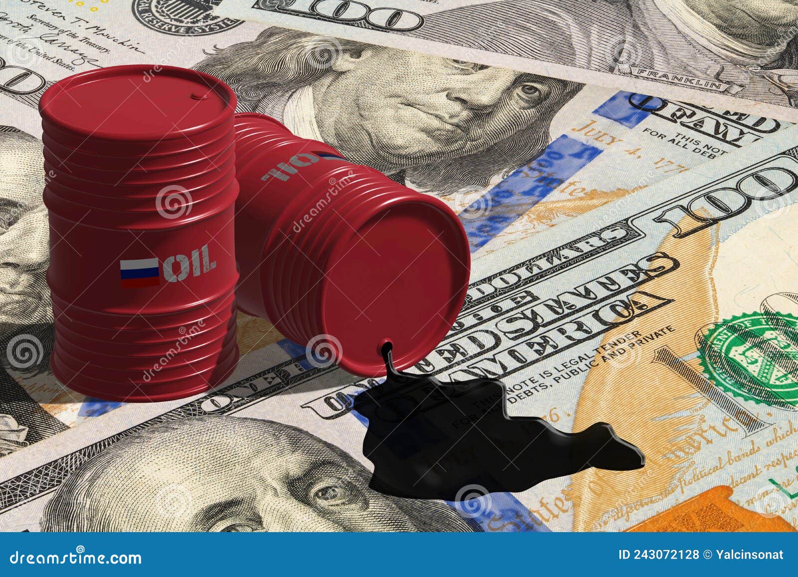 russian oil spilling from oil barrels on us dollars