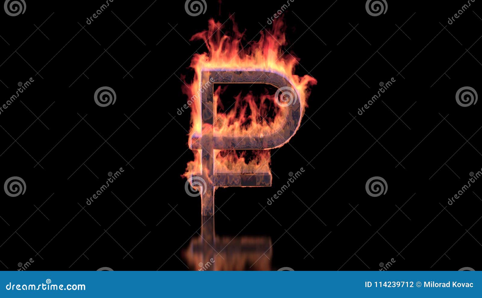 russian rubel sign burning in flames on the glossy surface