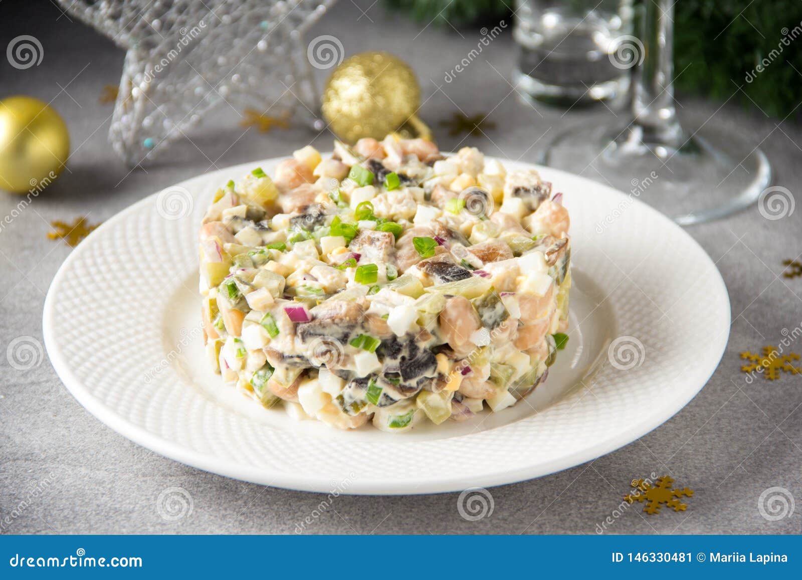 Russian Salad with Meat, Potatoes, Egg, Cucumber, Onion, Mushrooms and ...