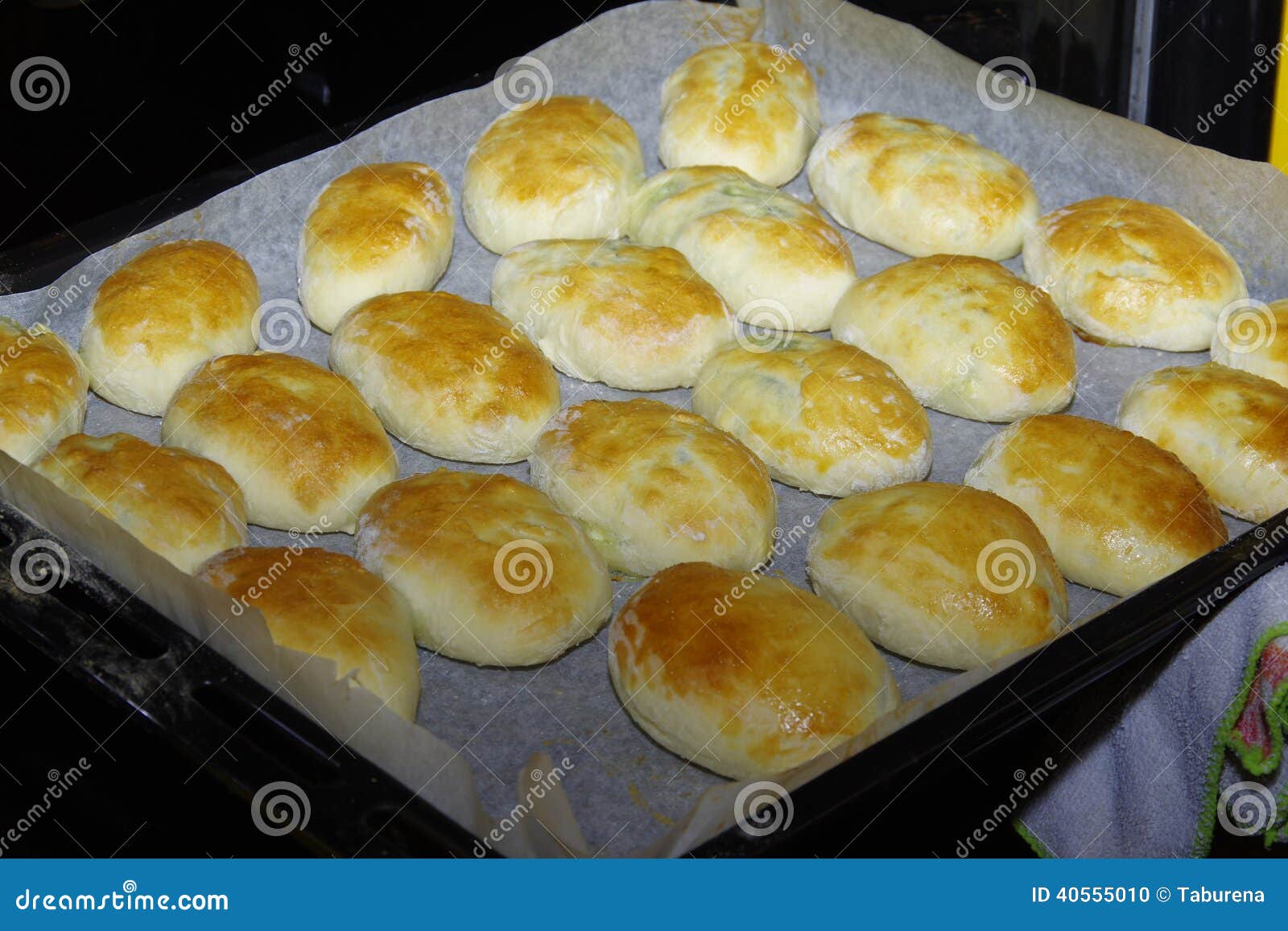 Russian Traditional Eggs and Onion Pasty on Baking Tray Stock Photo