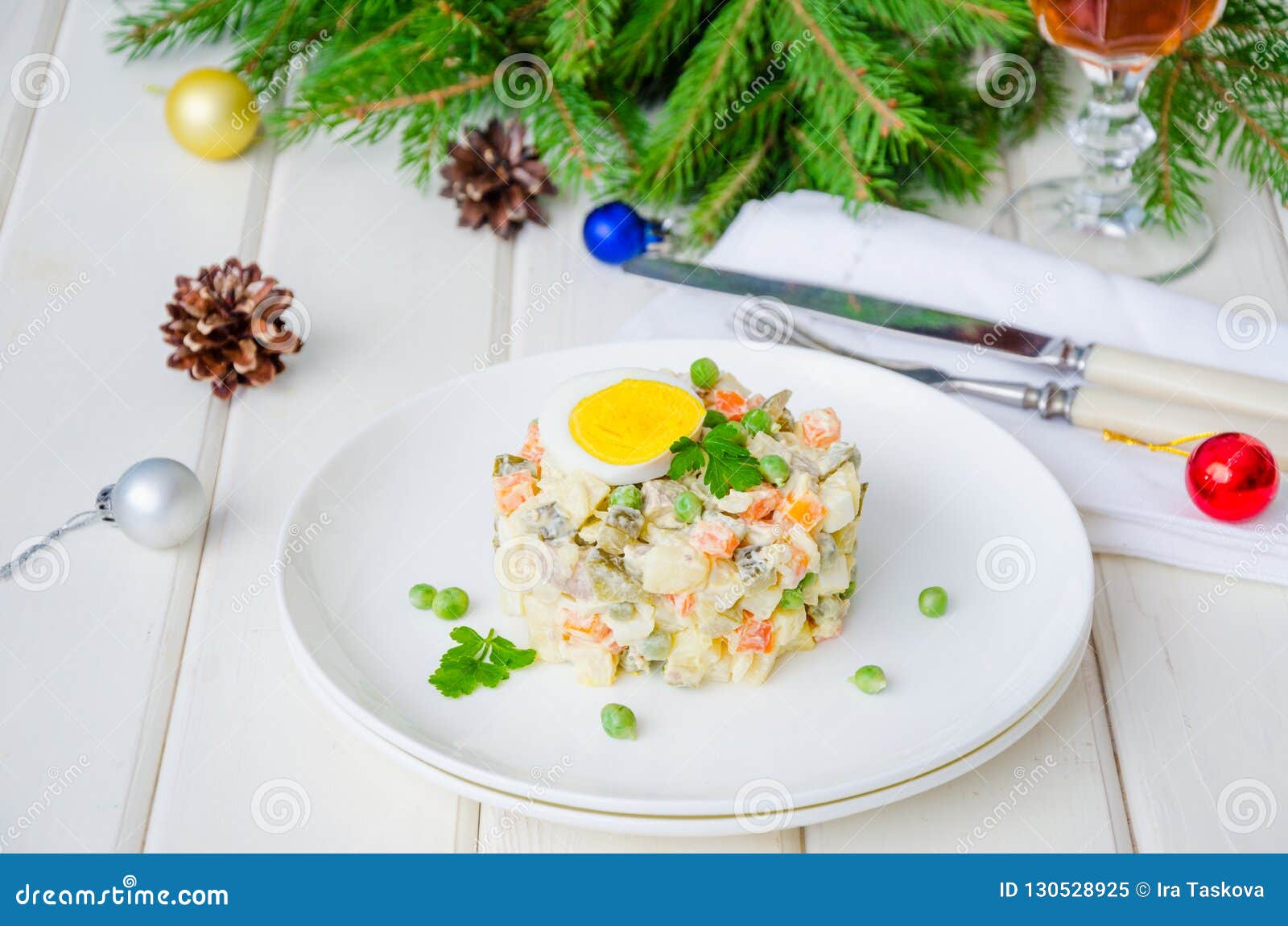 Russian Traditional Salad Olivier with Vegetables and Meat for New Year ...