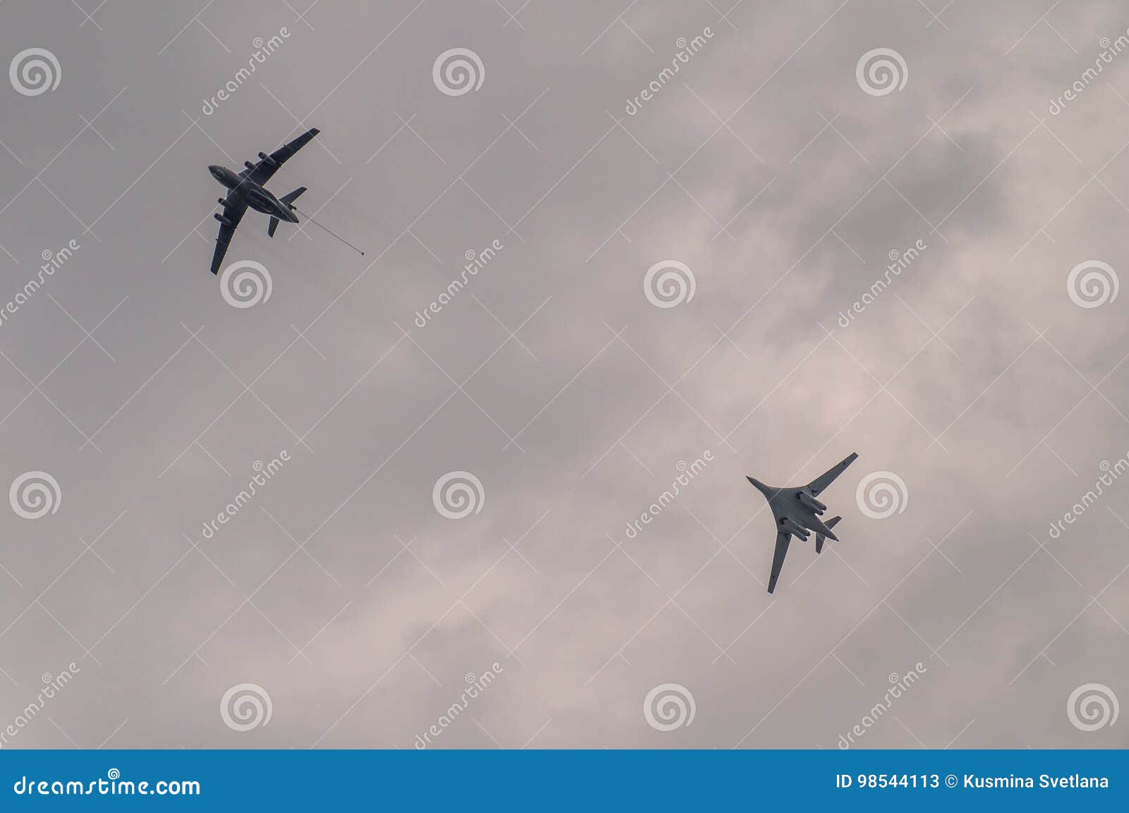 the russian tu-160 bomber during a training flight with refueling in the air in central russia.