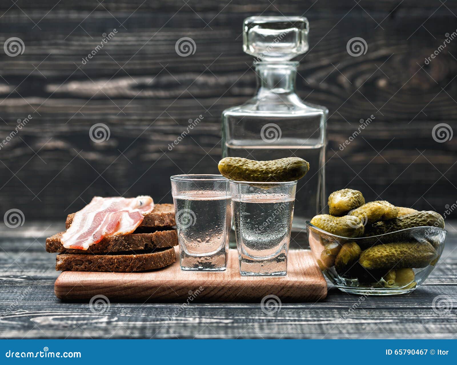 Russian Vodka in Small Glass with Black Bread and Pickles Stock Image