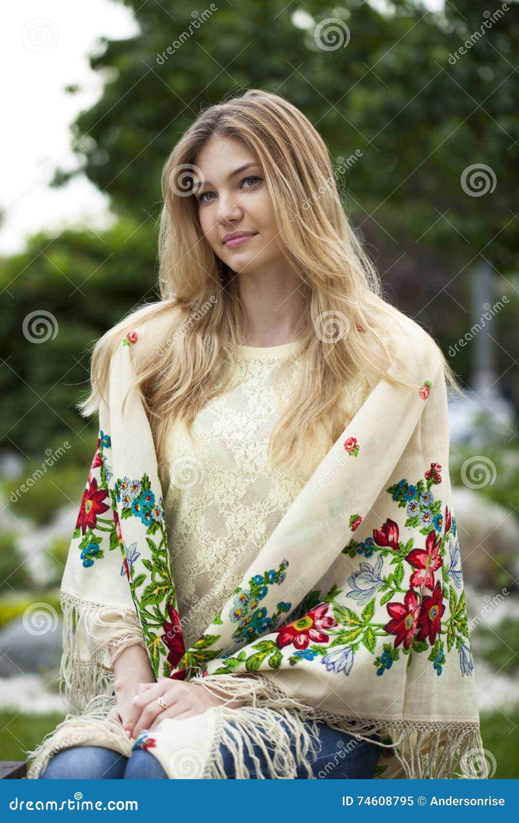 Russian Woman In The National Patterned Scarf Stock Image Image Of Folk Grove 74608795