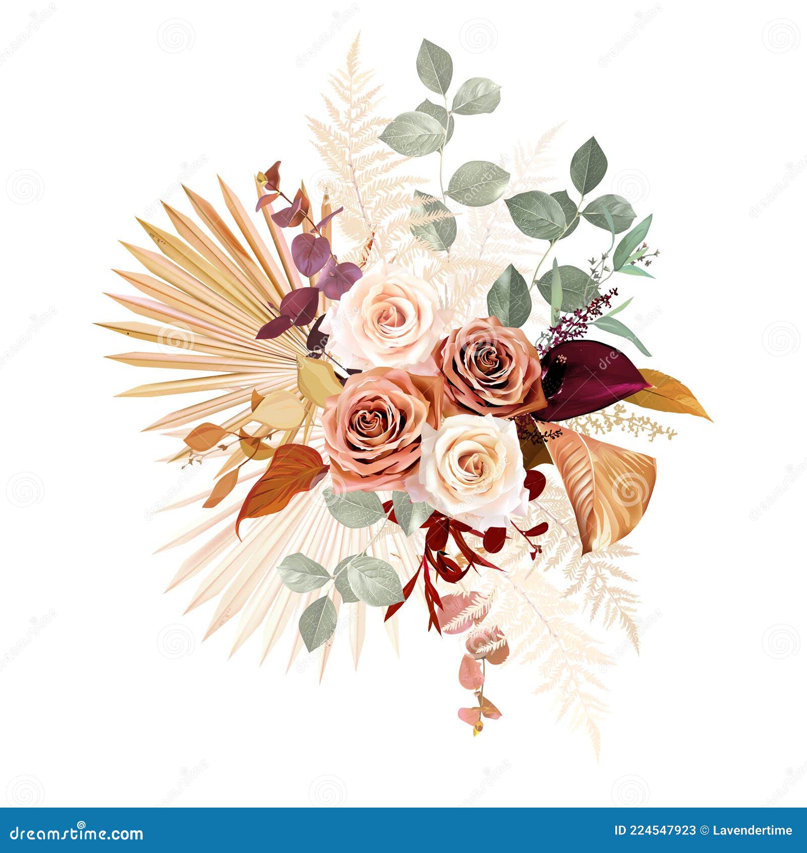 Rust Orange, Beige, White Rose, Burgundy Anthurium Flower, Eucalyptus,  Pampas Grass Stock Vector - Illustration of moody, pink: 224547923