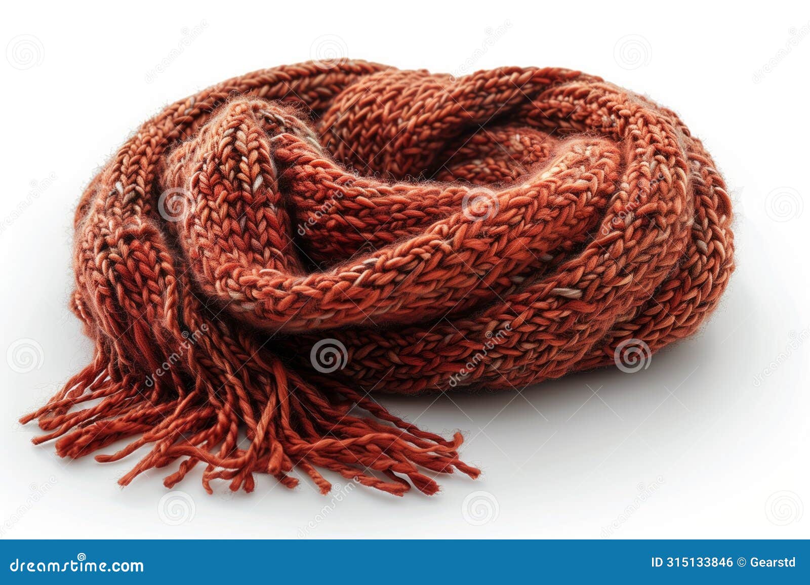 rust red chunky knitted scarf on white