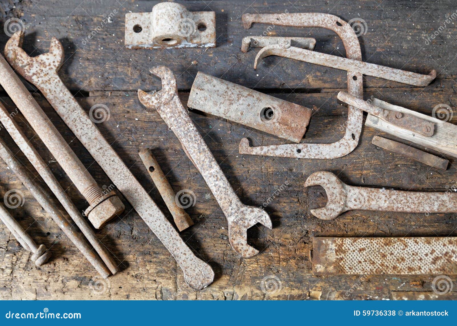 Rusted Old Mechanical Tools Well Sorted on the Bench Workshop Stock ...