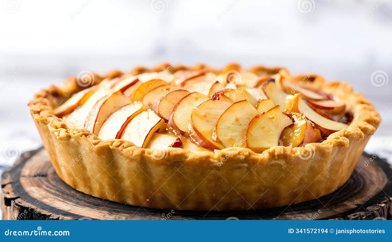 rustic apple pie with golden crust on wooden board, perfect for bakery advertisement