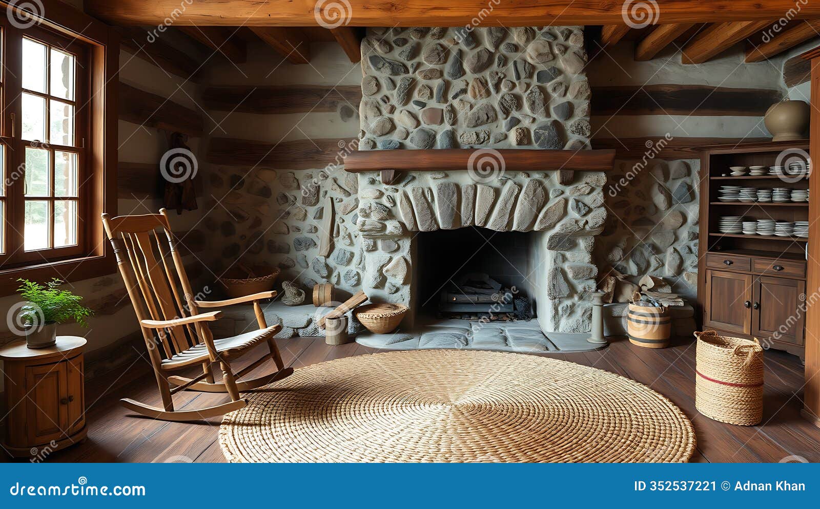 a rustic backroom with a stone fireplace a rocking chair and a woven rug