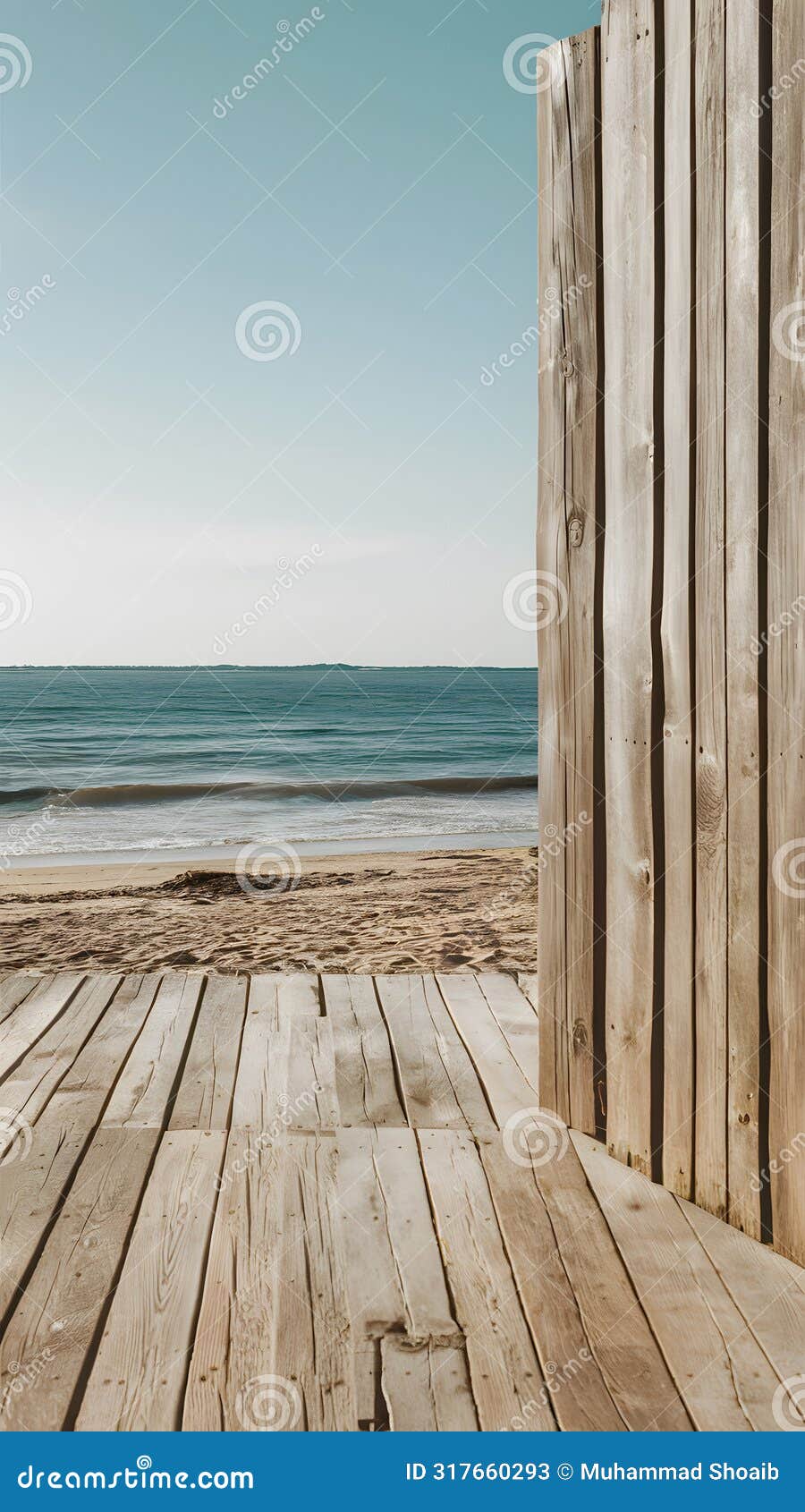 rustic beach retreat with weathered deck, clear skies, and peaceful sea atmosphere.