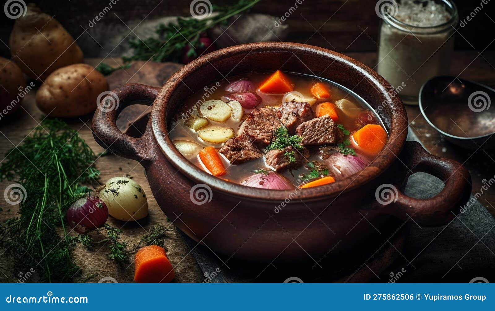 Rustic Beef Stew Cooked in Crockery Bowl Generated by AI Stock Photo