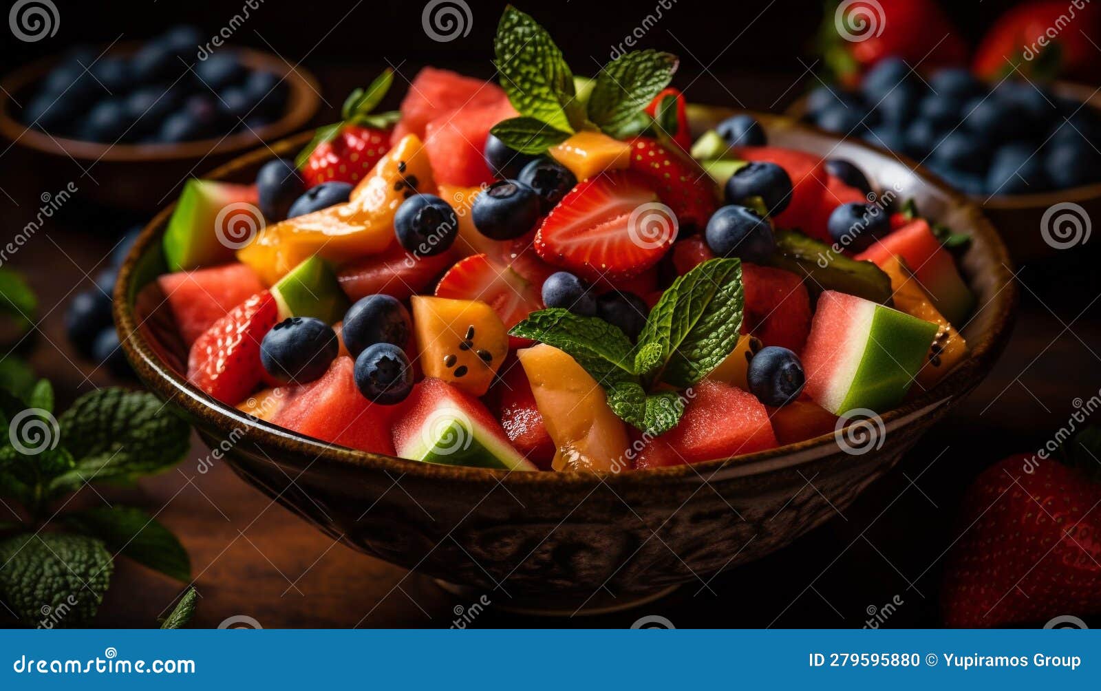 A Rustic Bowl of Fresh Berry Fruit Salad with Mint Generated by AI