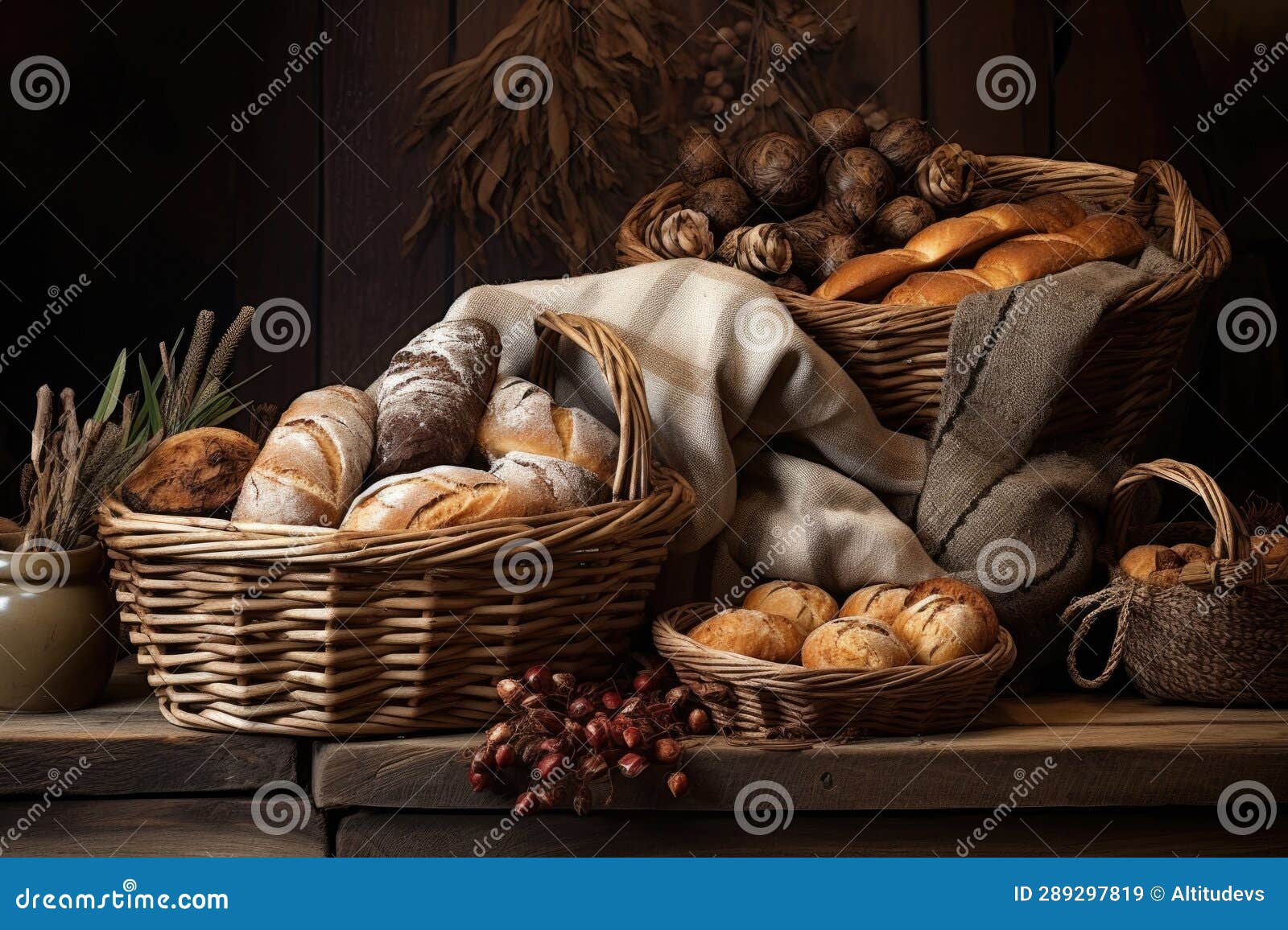 Rustic Bread Baskets Filled with Various Loaves Stock Image Image of