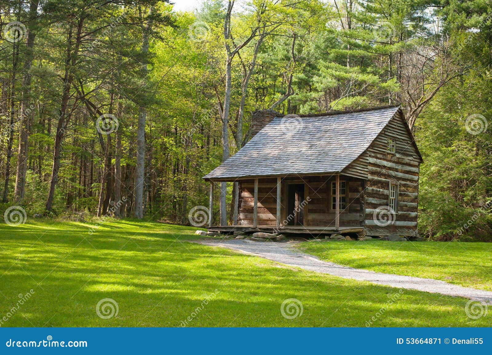 rustic cabin in forest.
