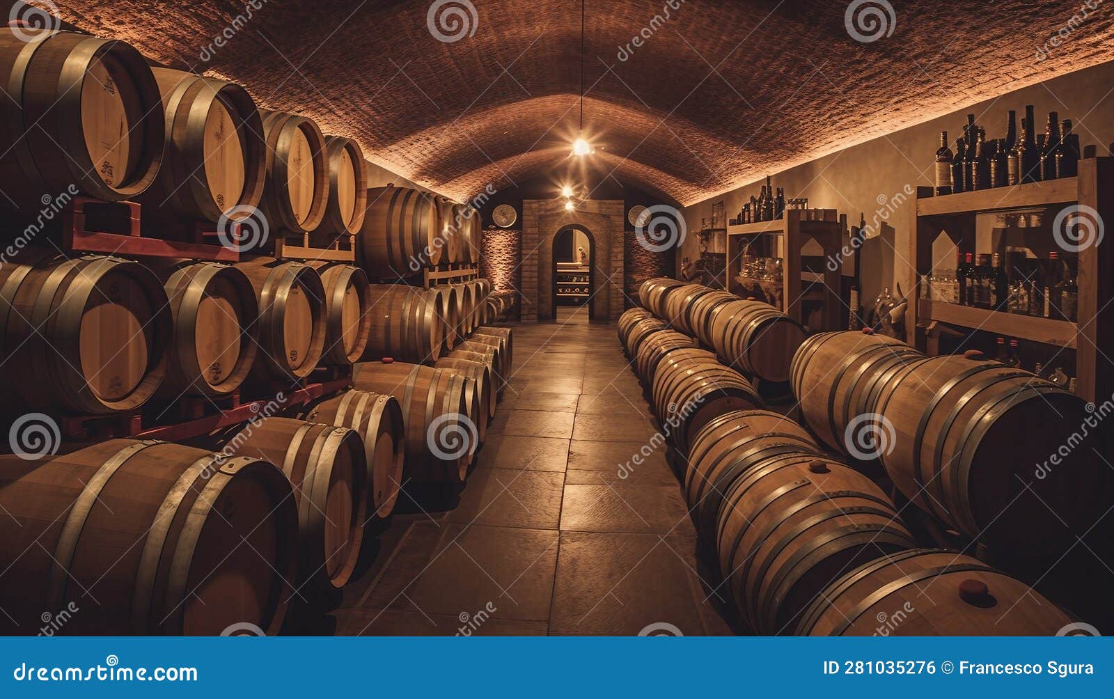 Rustic Cellar Filled with Oak Barrels and Wine Bottles. Stock