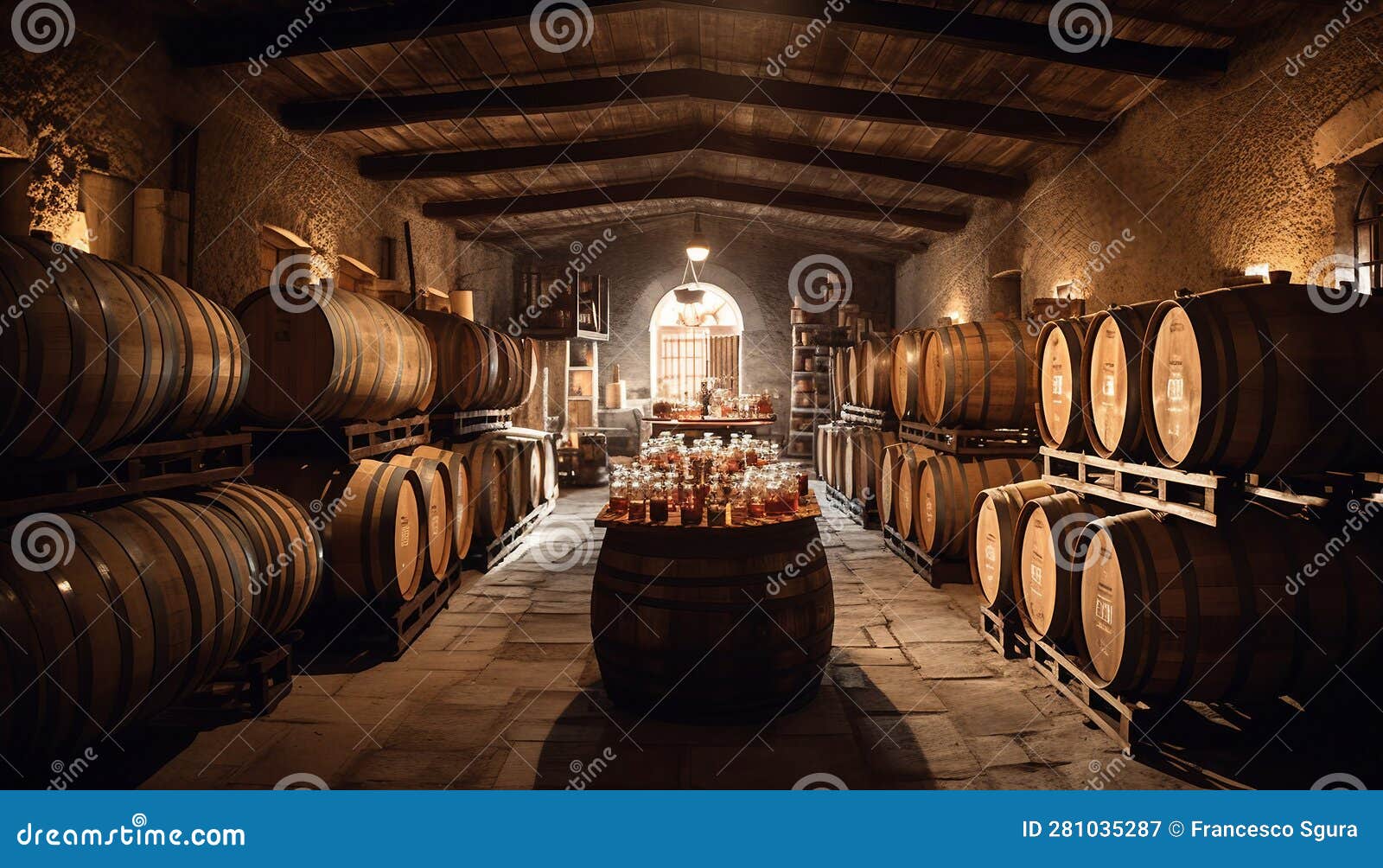 Rustic Cellar Filled with Oak Barrels and Wine Bottles. Stock