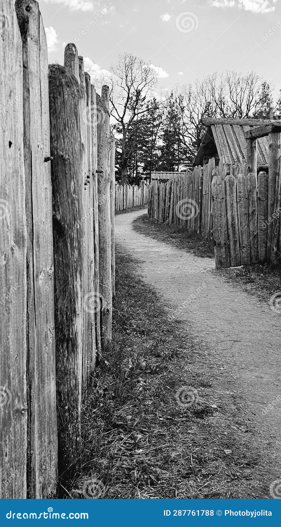 rustic charm: old village entrance with wooden fence, lituania, kernave