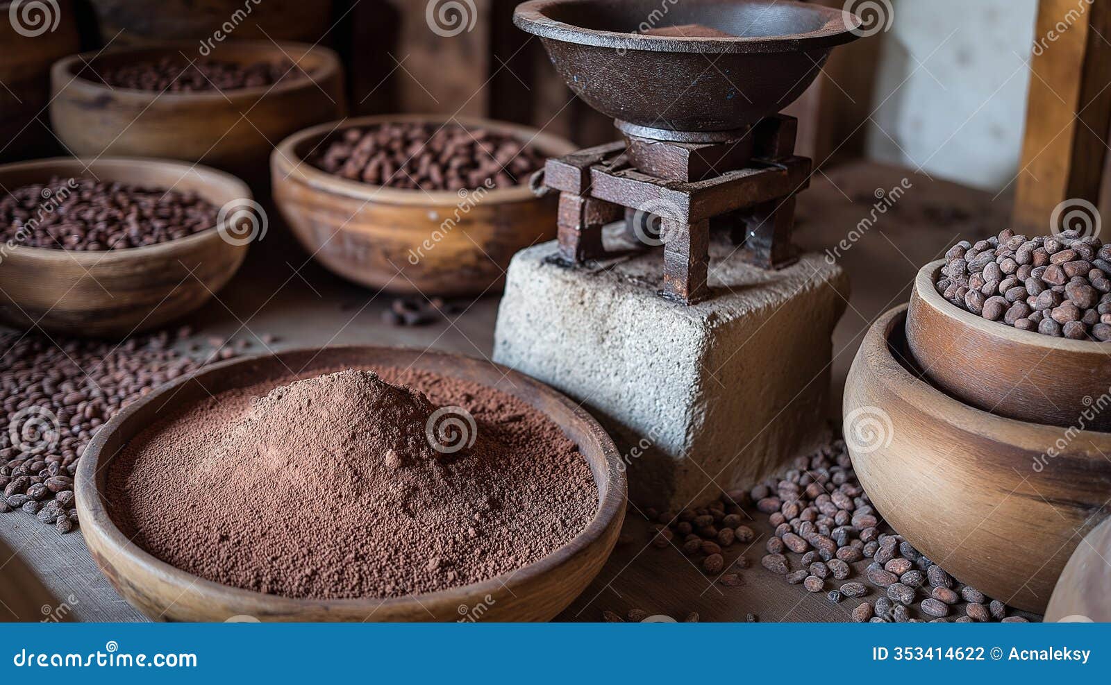 rustic chocolate-making process, with a stone grinder slowly processing roasted cocoa beans into rich chocolate paste
