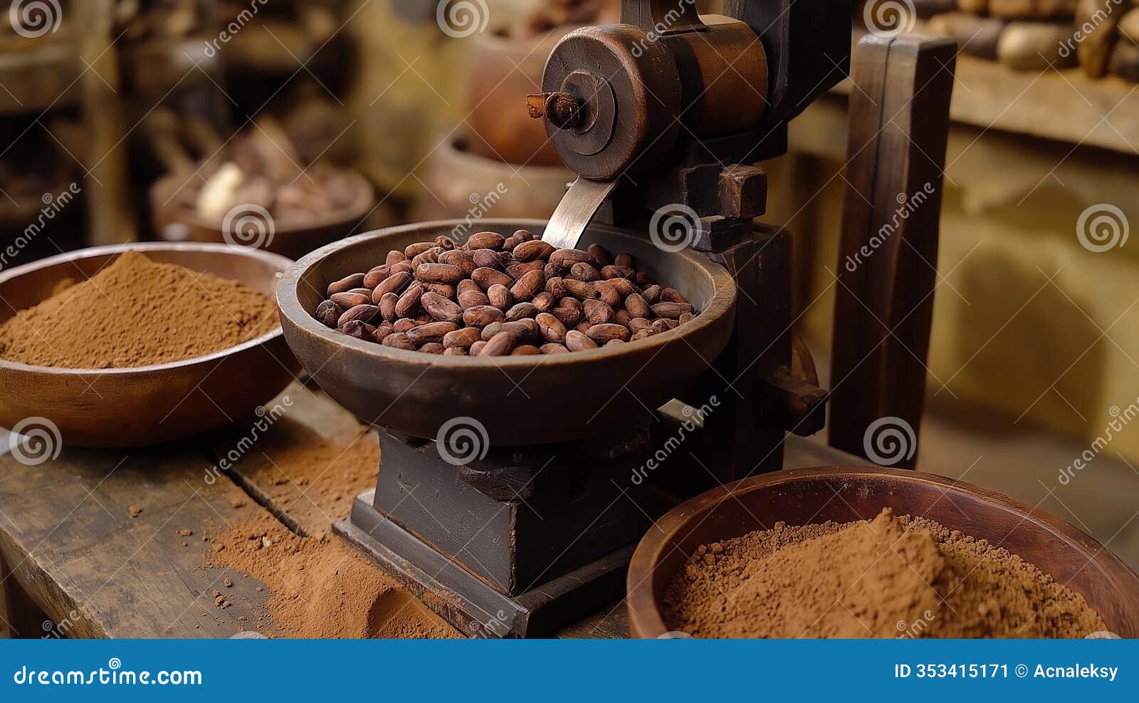 rustic chocolate-making process, with a stone grinder slowly processing roasted cocoa beans into rich chocolate paste