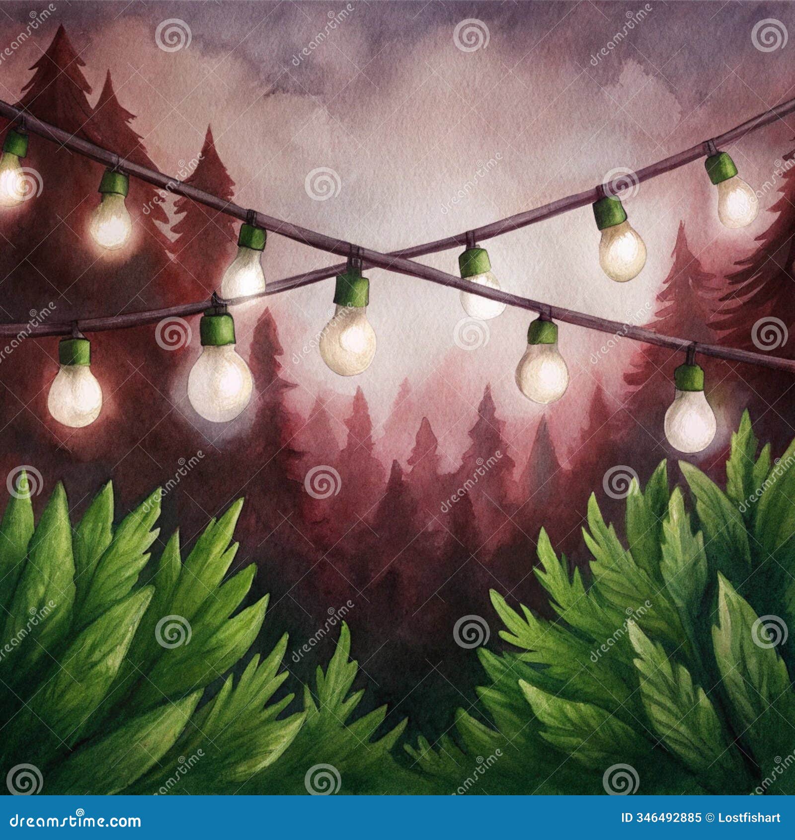 rustic christmas lights in a misty forest setting with lush green foliage