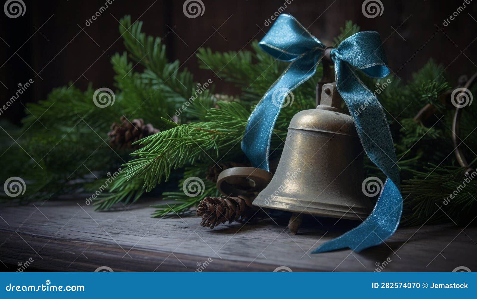 Rustic Christmas Table Decoration with Evergreen Tree and Handbell
