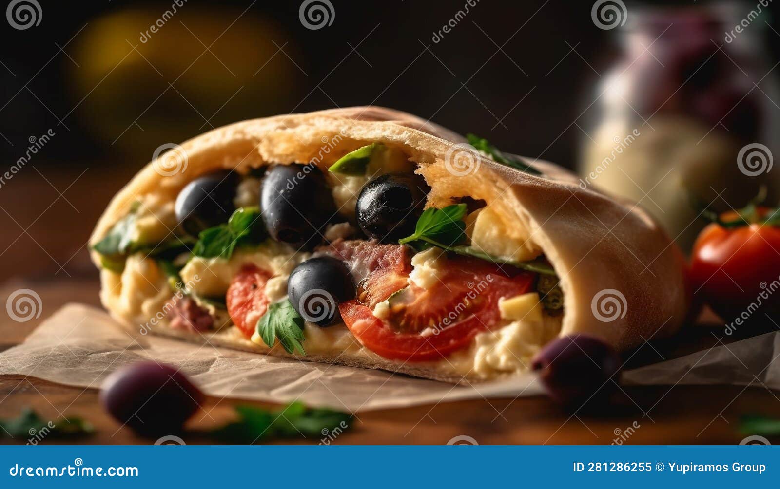 Rustic Ciabatta Sandwich with Fresh Tomato, Mozzarella, and Black Olive Generated by AI Stock