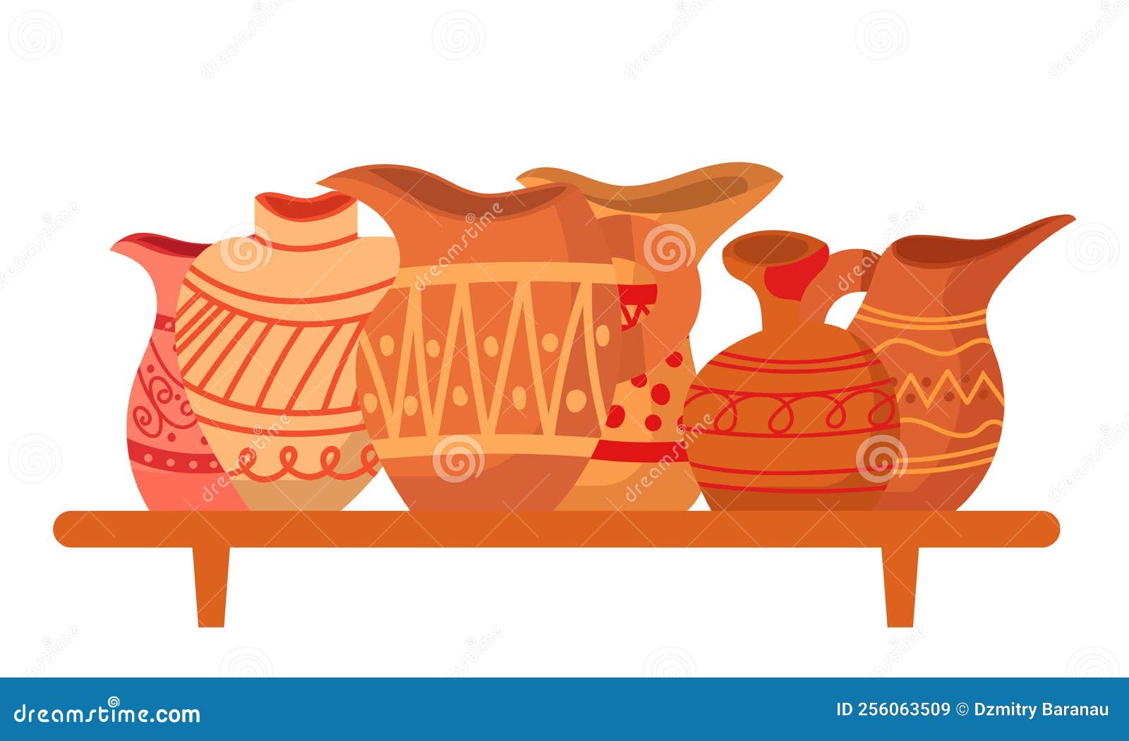 Rustic Clay Pottery Set and Brown Pot or Jug with Pattern Decorations