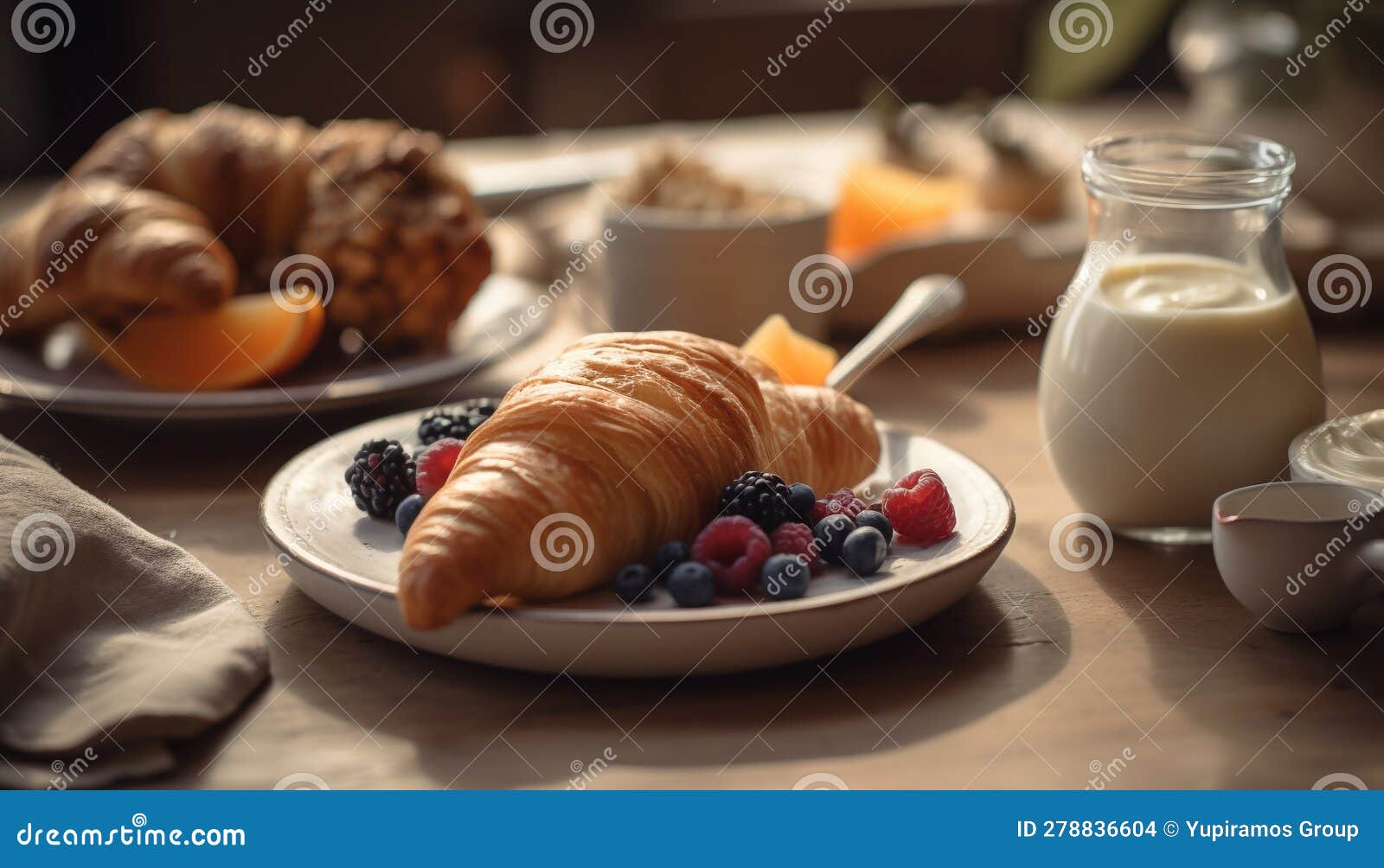 A Rustic Continental Breakfast with Baked Pastries, Coffee, and