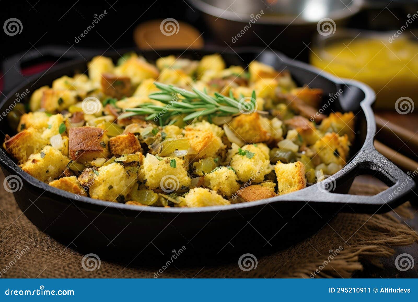 Rustic Cornbread Stuffing in a Cast Iron Skillet Stock Image Image of