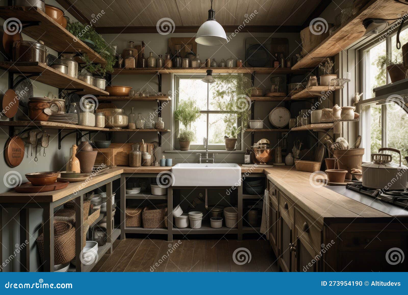 rustic and cottage-style kitchen with open shelving, baking dishes, and cookware