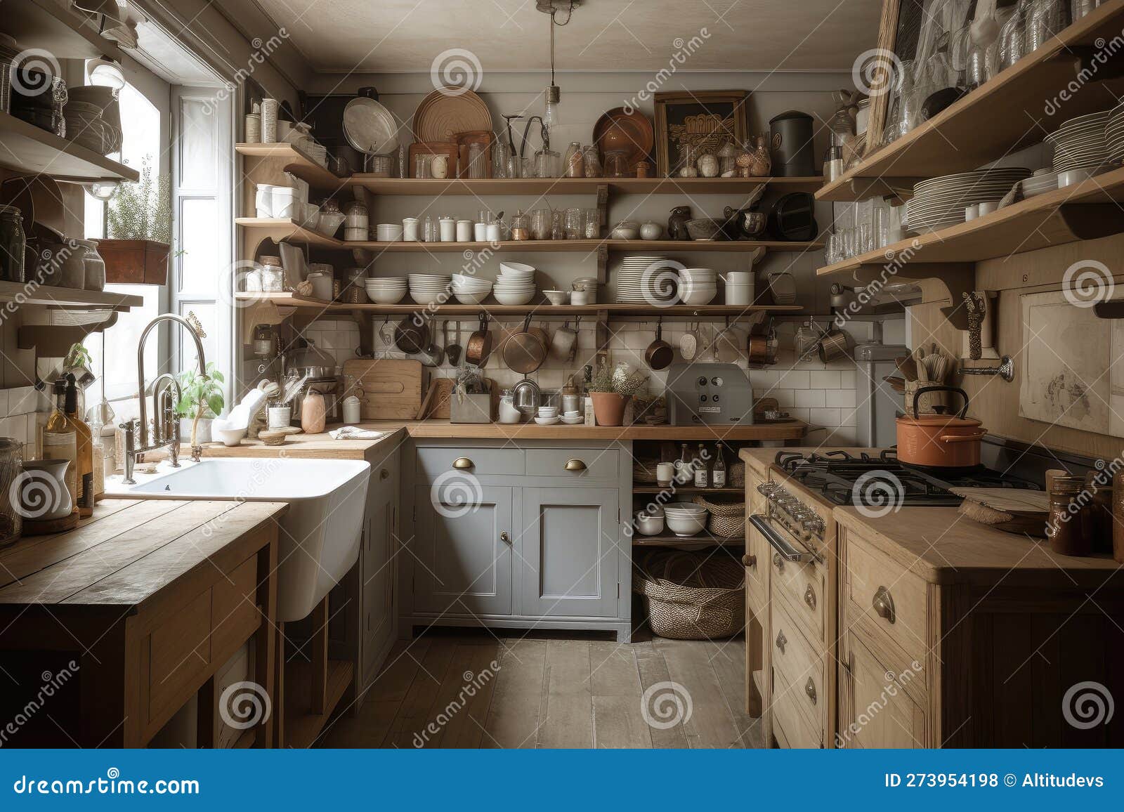 Rustic and Cottagestyle Kitchen with Open Shelving, Baking Dishes, and